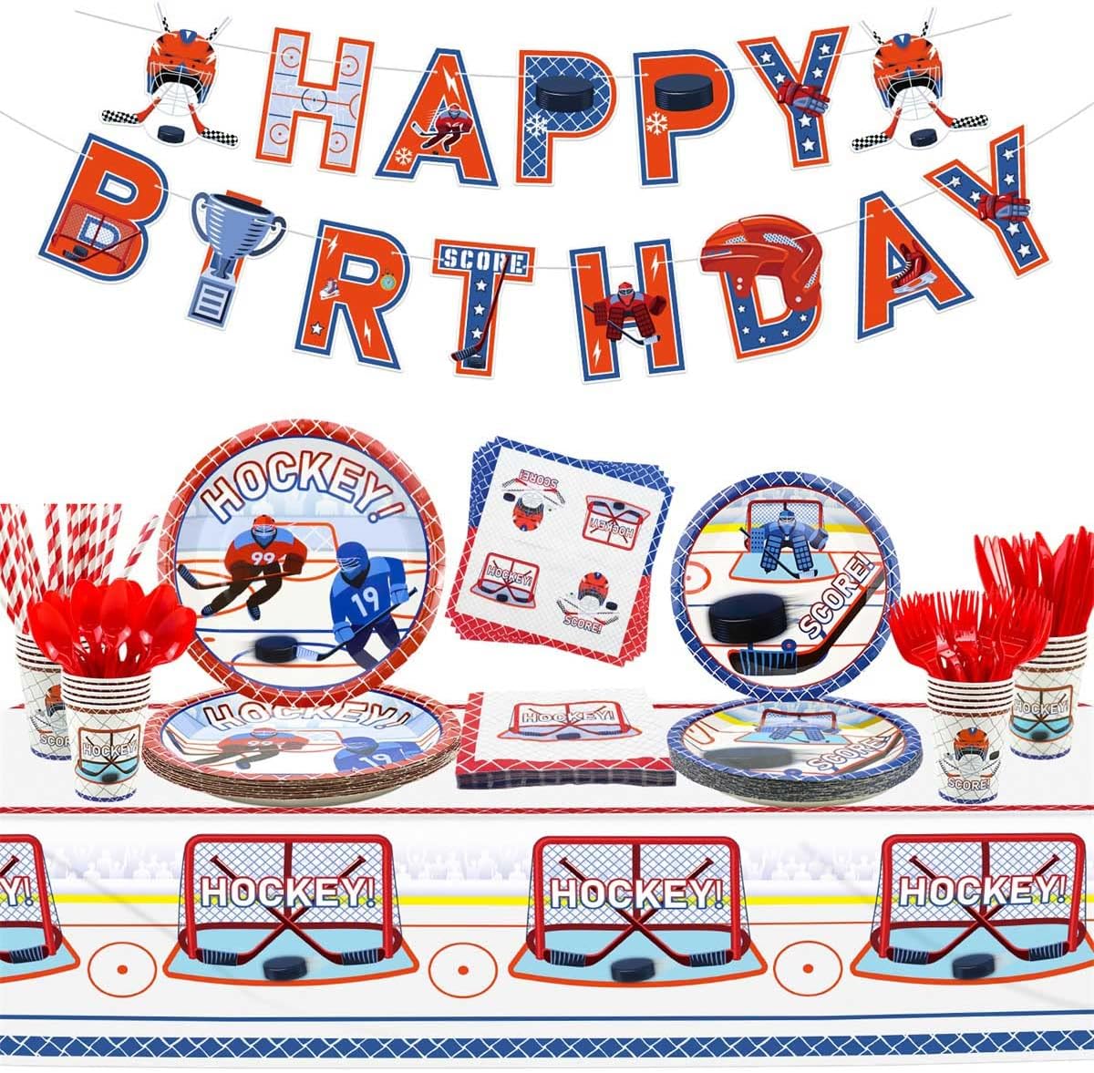 Hockey Party Supplies - Ice Hockey Birthday Party Set Including Plates, Cups, Napkins, Tableware, Tablecloth, Hanging Swirl, Balloons, Banner, for Kid's Hockey Fans Birthday Gameday - Serves 20 (A)