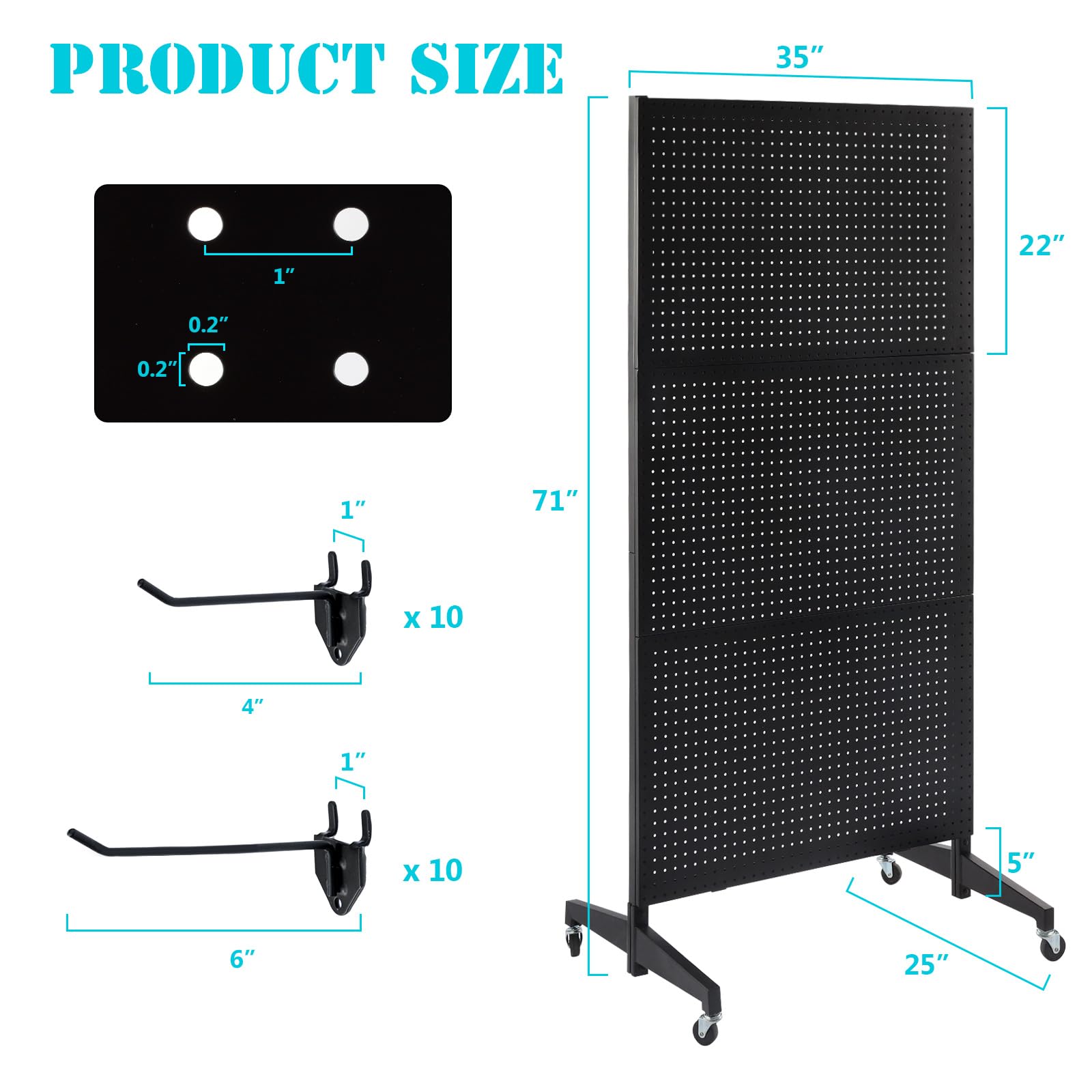 NectaCol 3'x 6' Pegboard Display Stand with T-Base, Metal Peg Board Display Stand With Wheel, Standing Pegboard Display with 20 pieces Hooks, Black