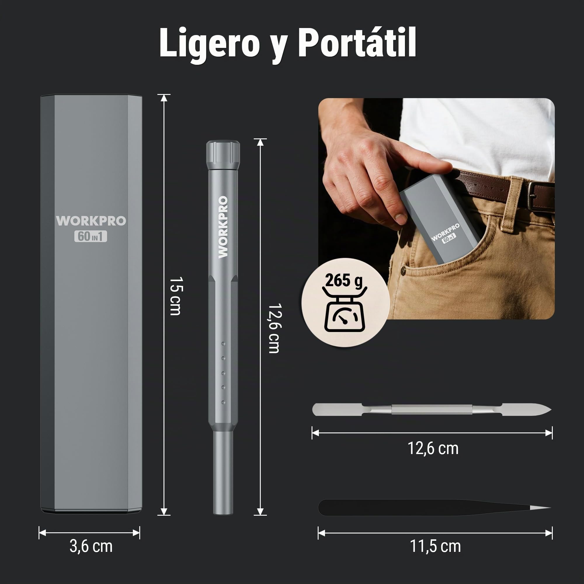 WORKPRO Destornilladores Precisión 60 en 1, Puntas Magnéticas CR-V | Estuche Compacto de Aluminio con Mango Giratorio para Reparar Electrónica, Gafas, Relojes y Móviles
