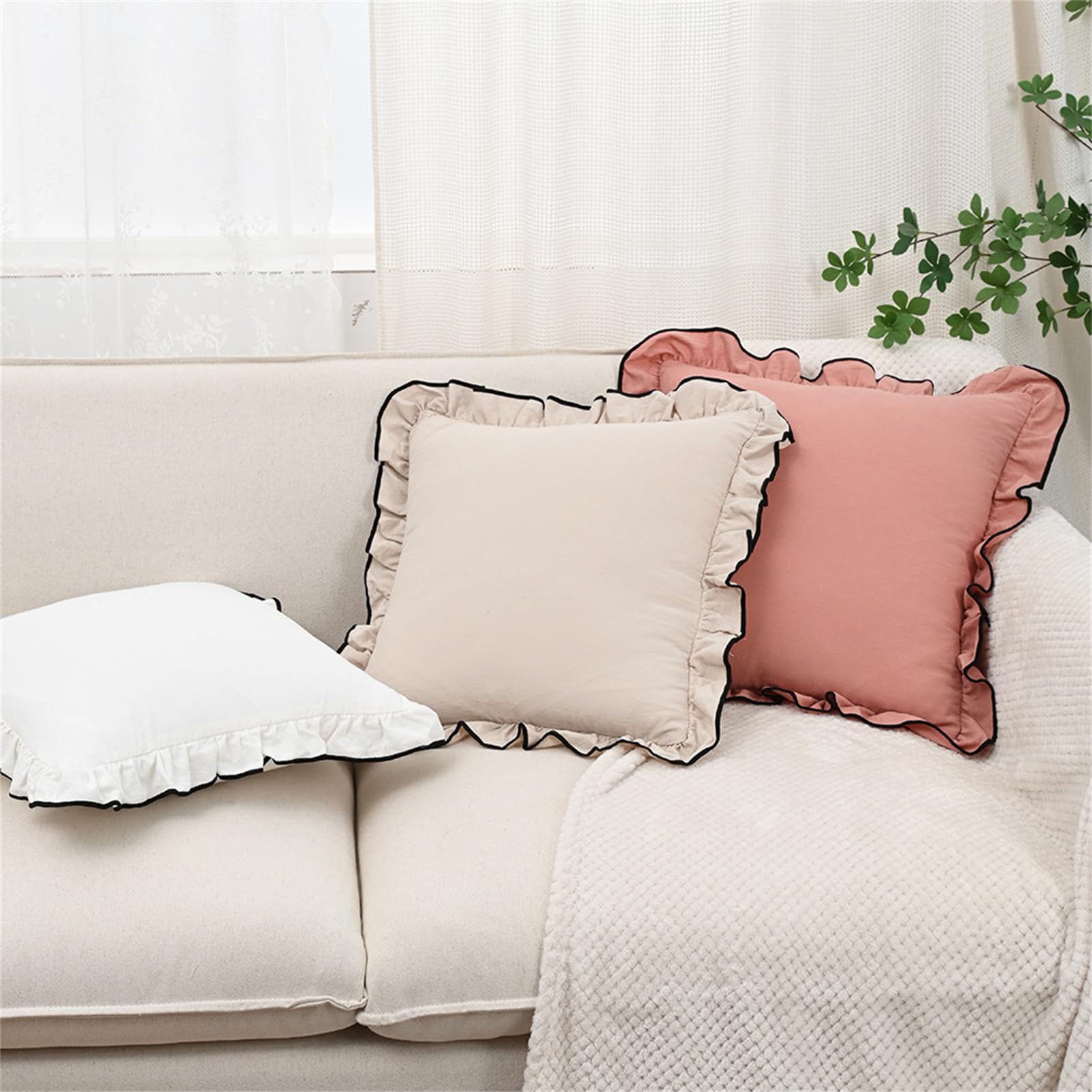 YT-KOKE 100% Cotton Ruffle Pillow Shams, 18x18 inches Square Cushion Cases with Ruffle Rustic Vintage Edge Ruffle Pillow Cover Solid Design (Beige 2)