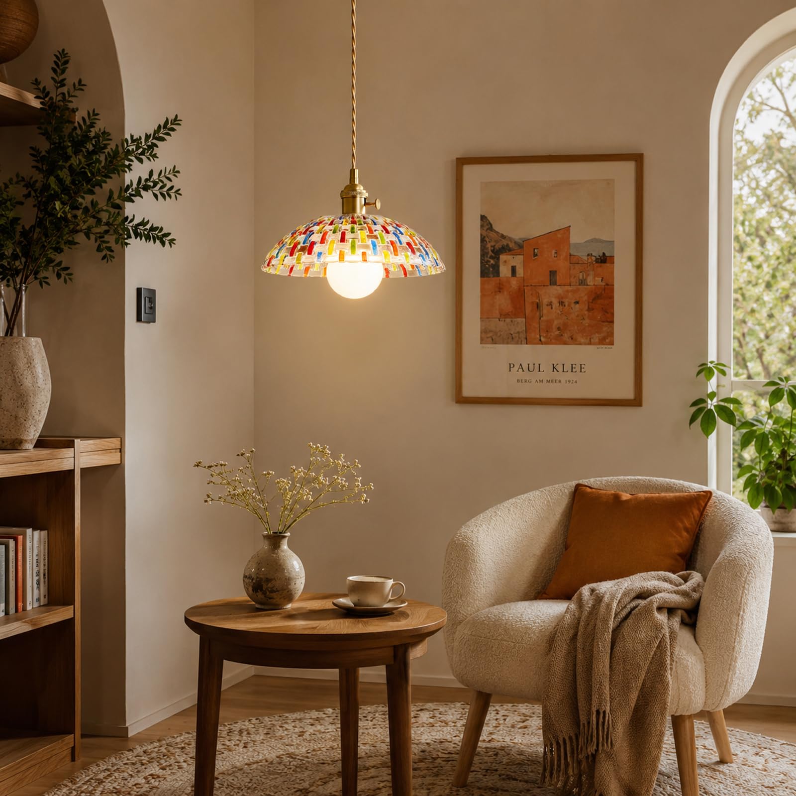 Lampada a Sospensione con Paralume in Vetro Mosaico Dipinto a Mano, Lampadario Sospesa da Soffitto Vintage E27 con Interruttore per Cucina Soggiorno e Sala da Pranzo (30cm)