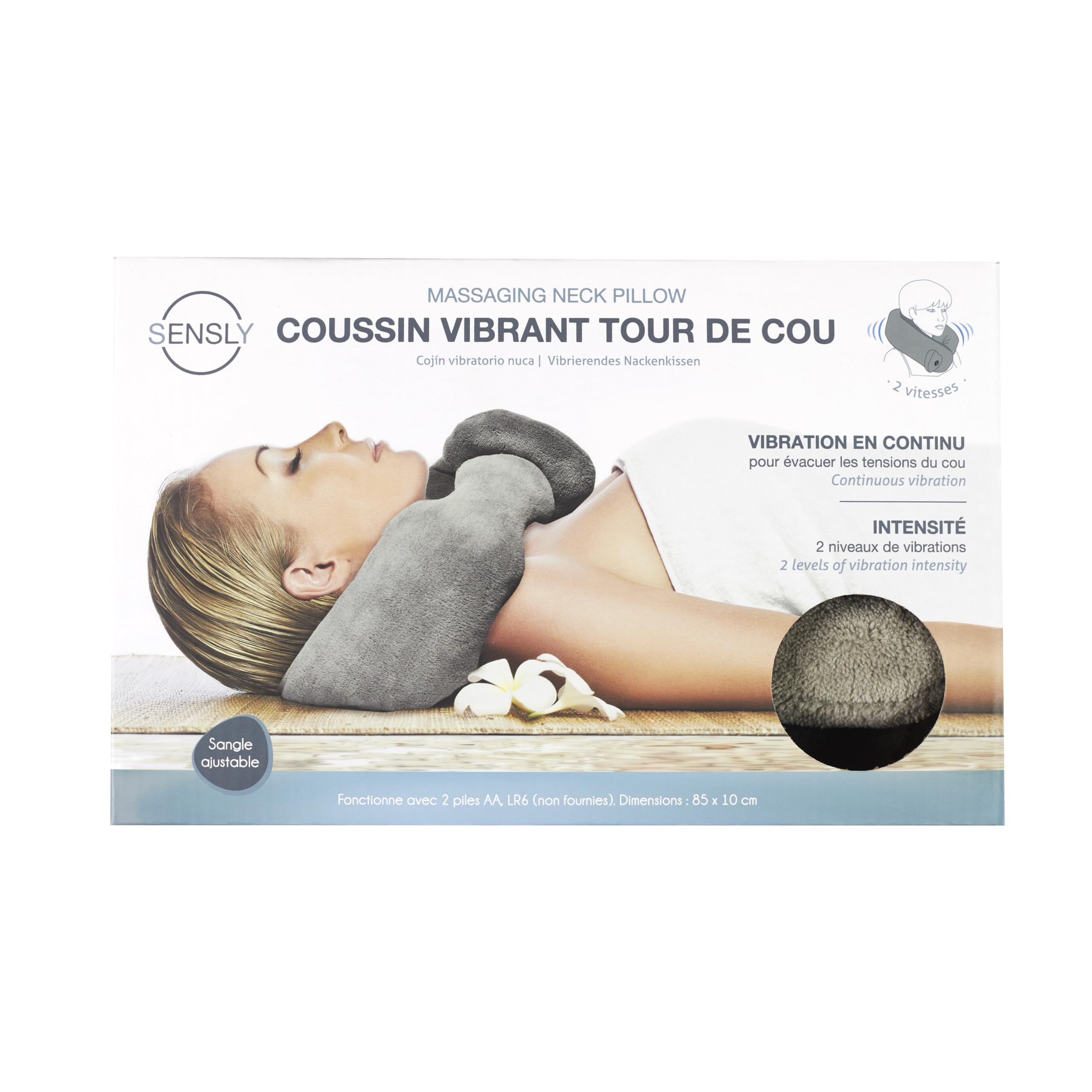 SENSLY - SB84102 Coussin Vibrant Relaxant Tour de Cou - Massage Doux Ou Tonique - Transportable - Housse Amovible Lavable - Dimensions 85 x 10 x 5 cm - Taille Unique - Multicolor