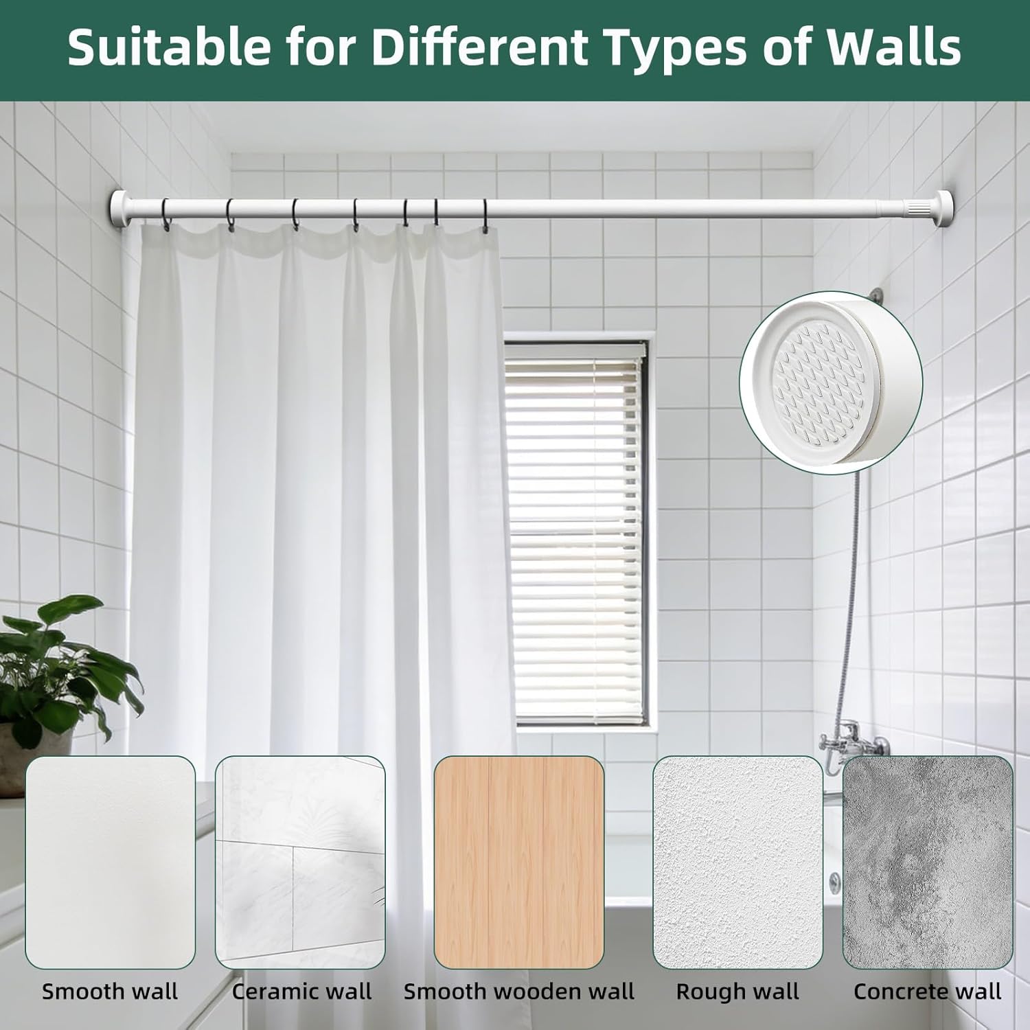 Adjustable Shower Curtain Rod Round White 40-102" Anti-Rust Non-Slip One Click Tension Curtain Rod for Bedroom Study Wardrobe Decoration