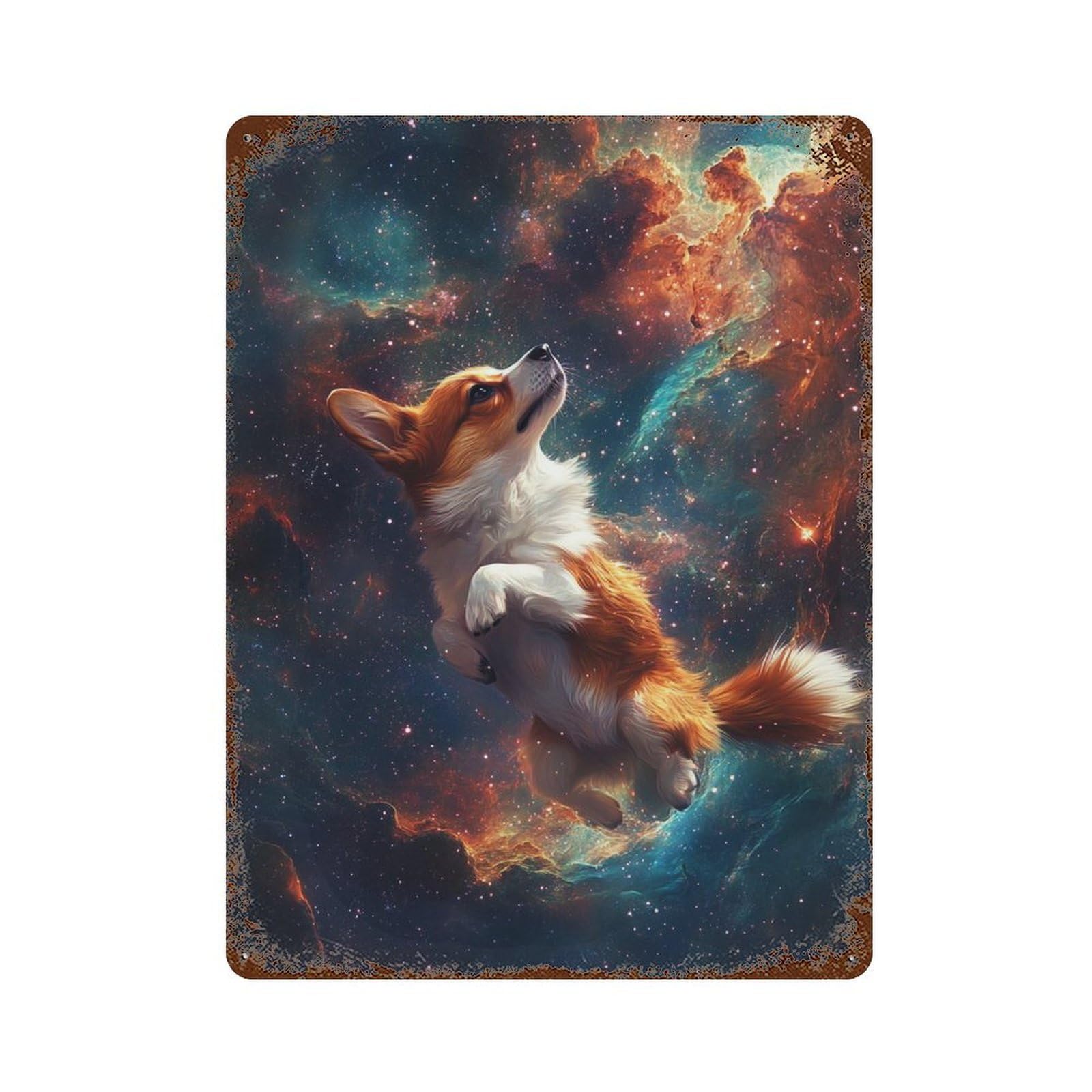 Rusty Metal Tin Sign Cosmic Corgi Adventure-4 15.7"x11.8", Rustic Home Decor for Shed, Workshop And Garage Wall Decor