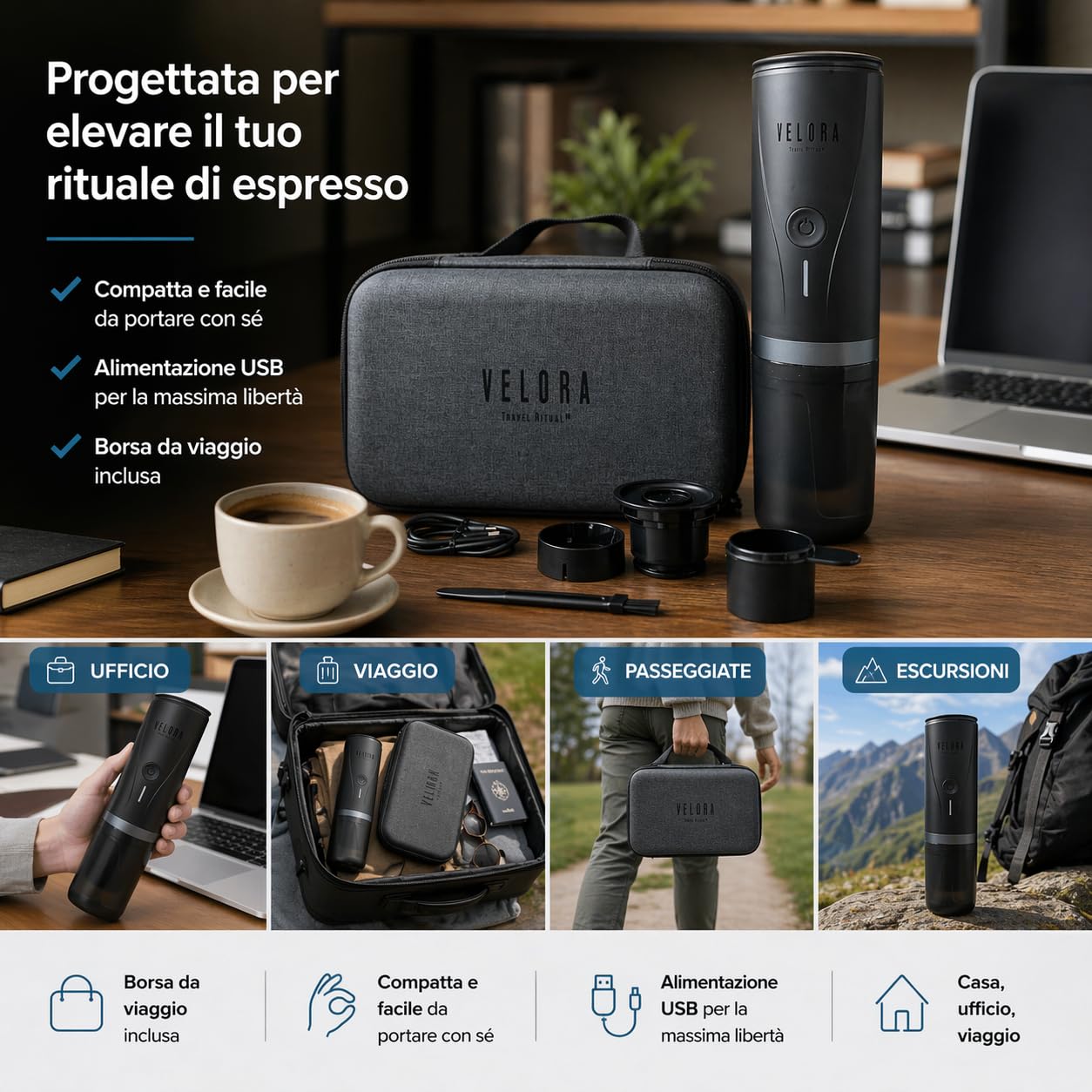 Generico VeloraTravelRitual Macchina Caffè Portatile – Espresso Ovunque, Compatibile Capsule e Macinato, Ricarica USB, Ideale per Auto, Viaggi, Camper e Outdoor