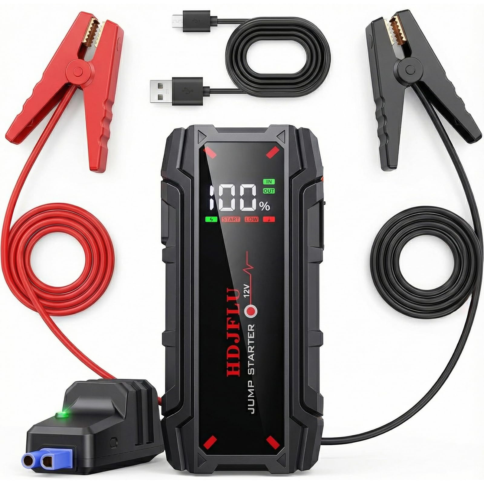 Recensione 6000A auto portatile jumper starter, batteria jumper starter per 8L benzina e 6L motore diesel, 10 protezione di sicurezza, 12V jumper box, USB, luce a LED, per camion, SUV, rv, nave