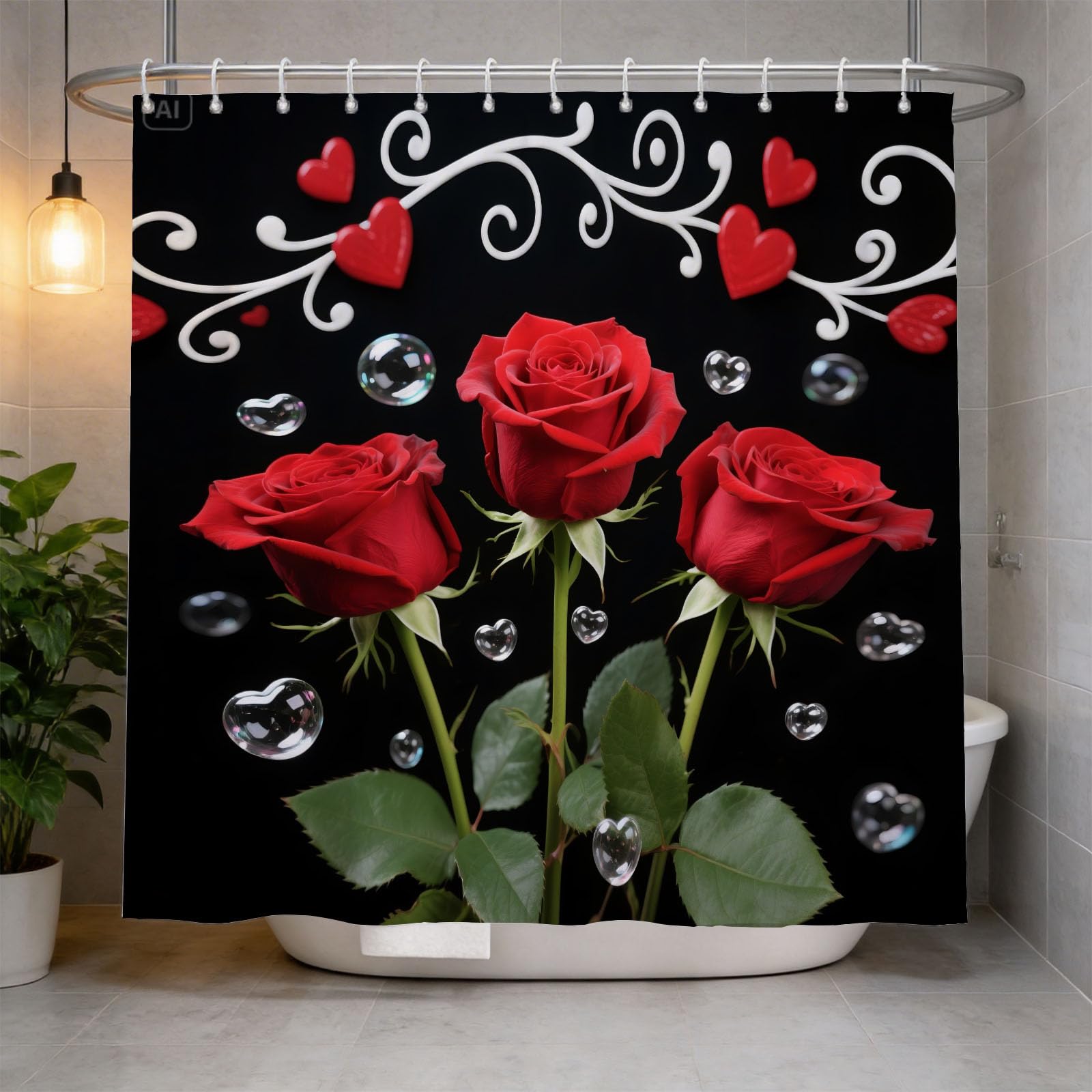Hongduo 3D Rose Shower Curtain for Stalls Bathtubs Love Bathroom Decor Shower Curtain Set Polyester Fabric Waterproof 180x180cm/71X71 Inch with Hooks