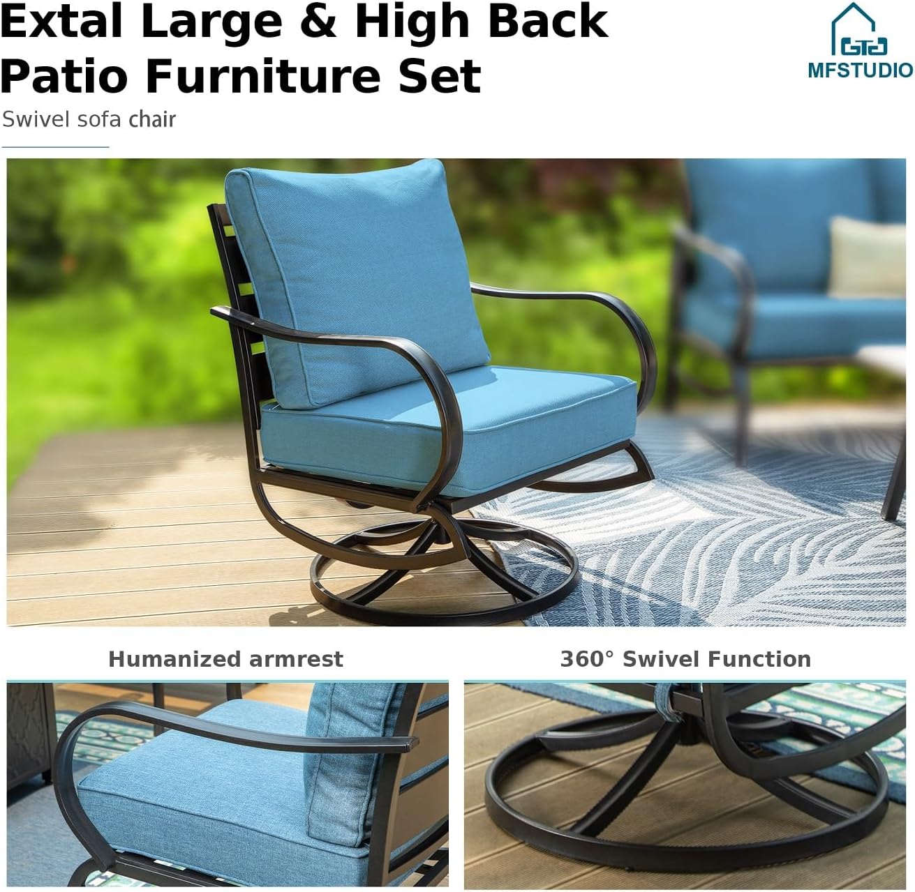 MFSTUDIO 4 Pieces Patio Conversation Sets(5 Seat),Outdoor Metal Furniture Sofas with 1 Loveseat(3 Seat), 2 Swivel Chairs,1 Coffee Table,Wrought Iron with Navy Cushion for Patio Courtyard Balcony