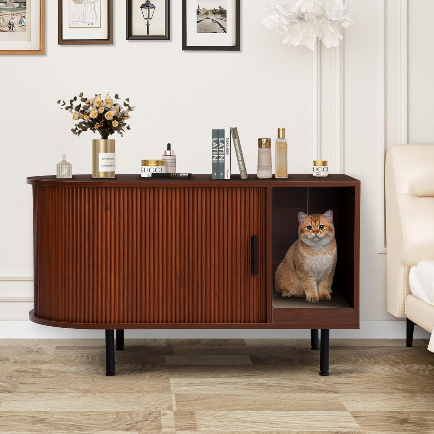 Cat Litter Box Furniture, Hidden Litter Box Cabinet with Cat Scratch Pad and Ball, Wooden Cat House Enclosure for Living Room, Bedroom, Entrance (Brown, 37.4" L x 16.6" W x 21.7" H)