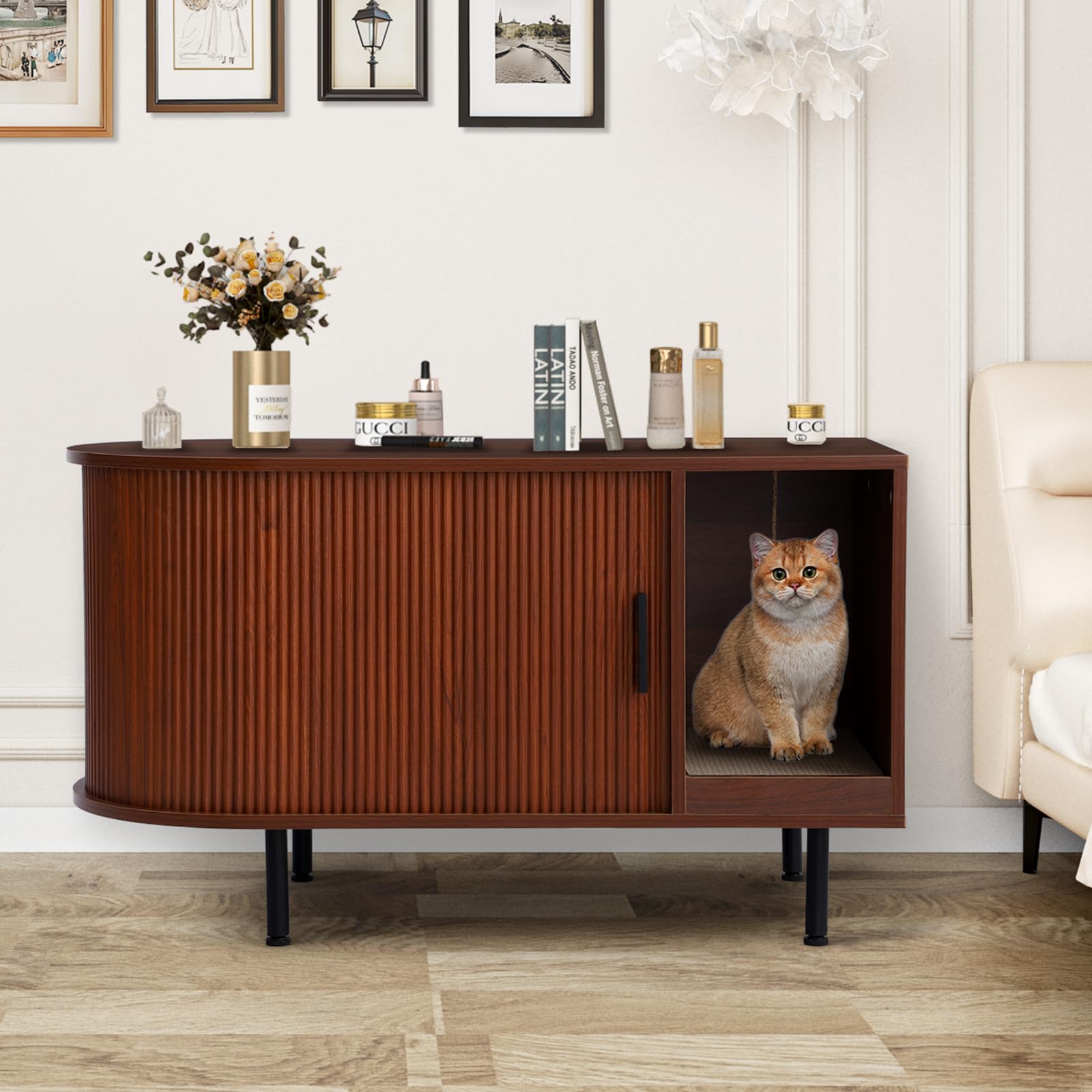 Cat Litter Box Furniture, Hidden Litter Box Cabinet with Cat Scratch Pad and Ball, Wooden Cat House Enclosure for Living Room, Bedroom, Entrance (Brown, 37.4" L x 16.6" W x 21.7" H) - image 7