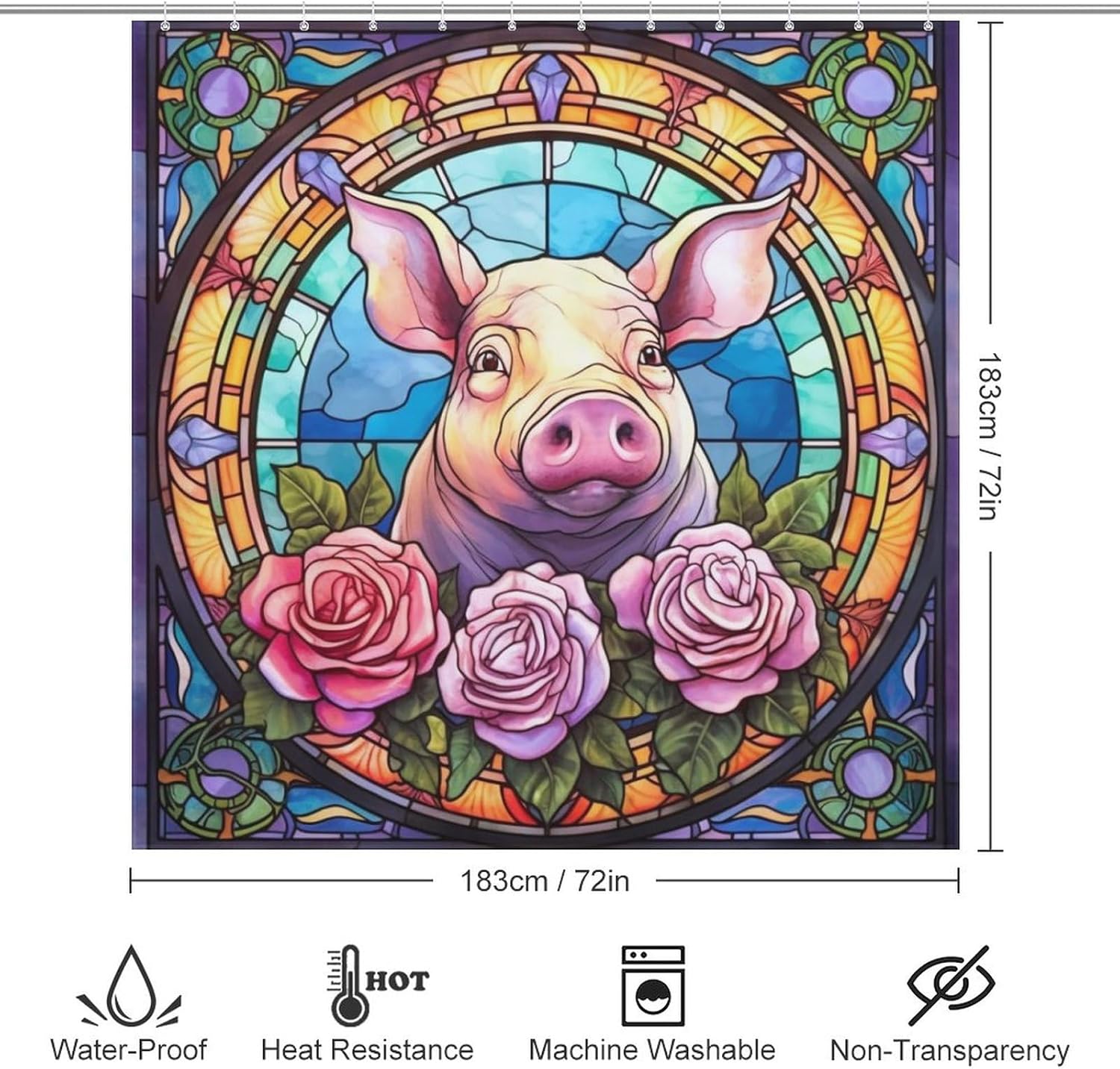 Pig Shower Curtain for Bathroom, Flower Leaves Glass Art Boho Shower Curtain Set, Cute Animals Abstract Fabric Modern Waterproof Bathroom Decor with 12 Hooks 72x72in YLATY4223