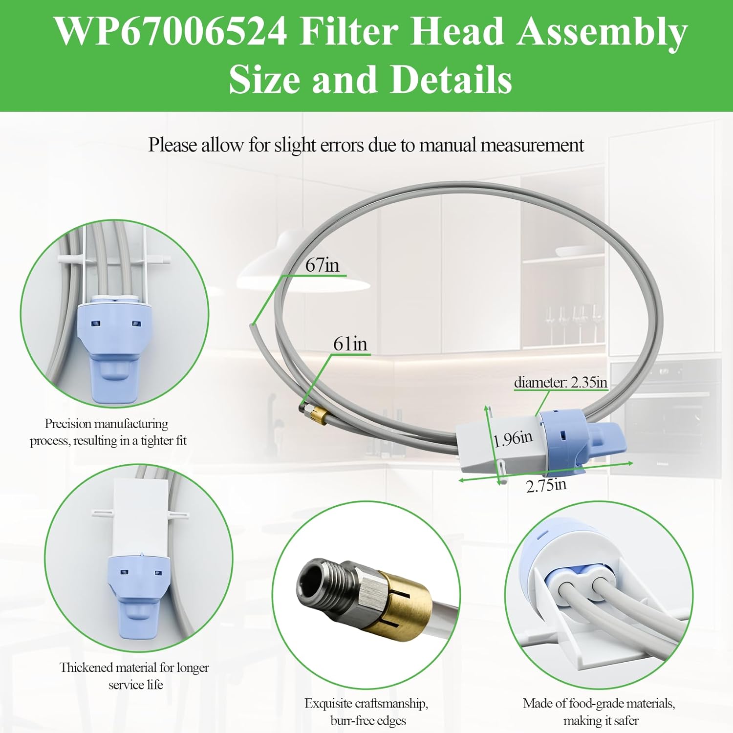 WP67006524 Filter Head & Tube Compatible with Whirlpool Refrigerator etc. OEM 67006524 Filter Head for GX5FHTXTT01 MSD2652KES KBFS25EVWH00 59676593600 JCD2295KEP ASD2625KEQ etc. -1 Year