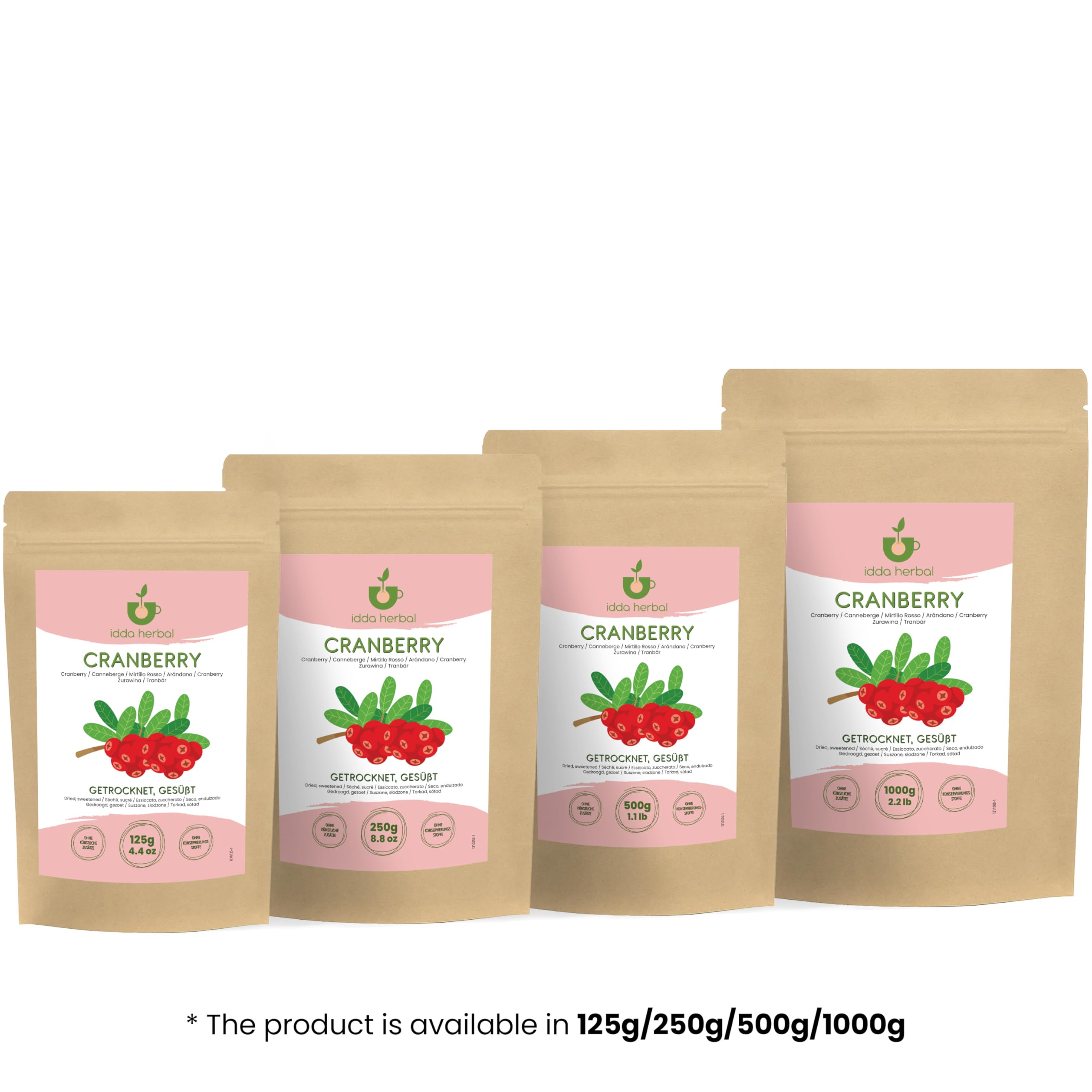 IDDA Herbal Arándanos Rojos Deshidratados 1kg, Arándanos Rojos Secos, Endulzados con Jugo de Manzana