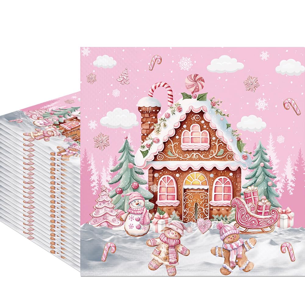 Fitumiw 80Pcs Pink Gingerbread House Paper Napkins Christmas Cute Gingerbread Disposable Napkins Xmas Candy House Printed Decorative Napkins for Party