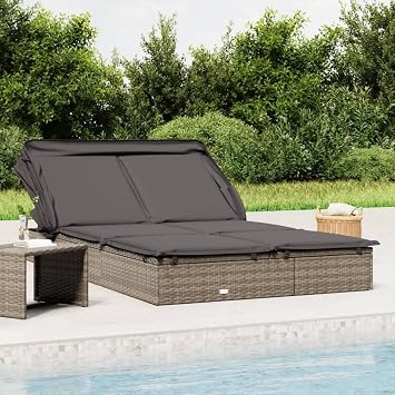 2-Person Sunbed with Foldable Roof, Sun Lounger Outdoor Lounger Outdoor daybed Backyard Furniture Suitable for Garden Poolside Beach Deck Gray 83.9"x46.5"x38.2" Poly Rattan