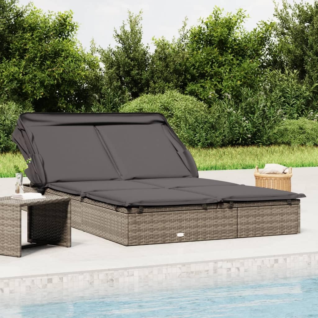Sonnenliege klappbar mit Dach für 2 Personen Grau 213x118x97 cm wetterfestes Poly Rattan Gestell Massagefunktion für Garten Balkon Pool