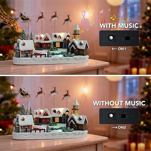 Miniatura 4 de Aldea de Navidad, decoraciones de Navidad animadas con trineo de Santa volando sobre la ciudad, centro de mesa musical de Navidad con luces LED