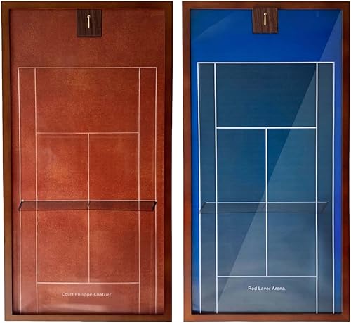 Marco de exhibición de raqueta de tenis de madera premium con base de nogal y ganchos de cobre. Muestra tu raqueta con estilo con cuatro fondos de