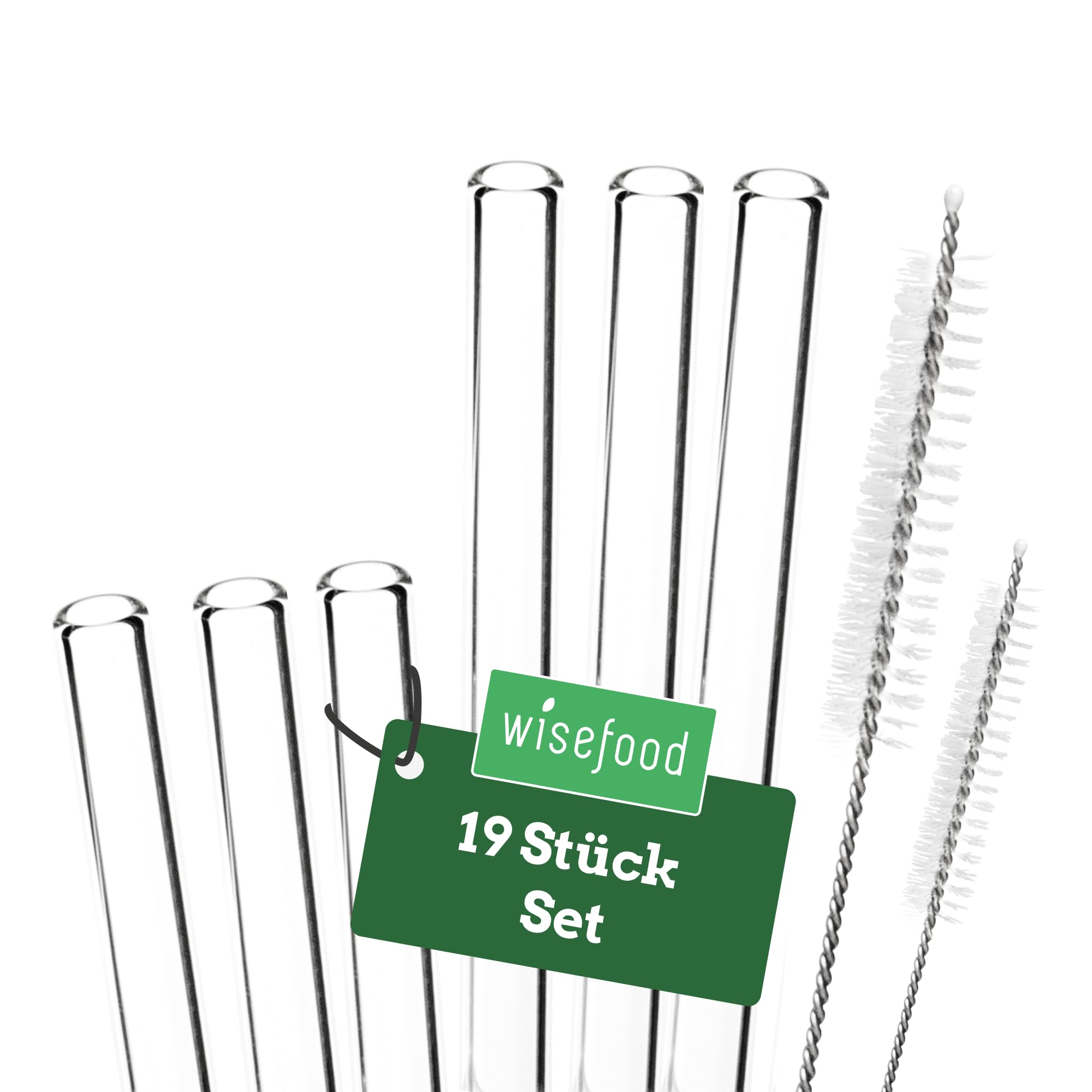 Wisefood® Słomki szklane Ø 10 mm [14 szt.] Słomki szklane z 4 x szczotkami [przezroczyste] słomki Bubble Tea jako szklane słomki [21,5 cm i 15 cm), szklane słomki długie i krótkie