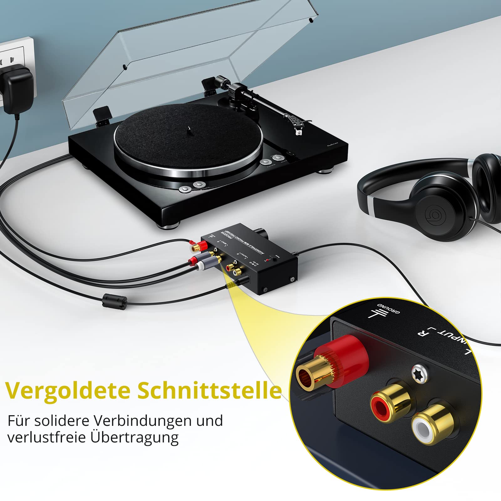 PROZOR Vorverstärker für Plattenspieler Audiophiler M/M Phono Vorverstärker mit Niveau Kontrollen RCA Eingang & Ausgang Schnittstellen inkl. 12V 1A Netzadapter -Schwarz