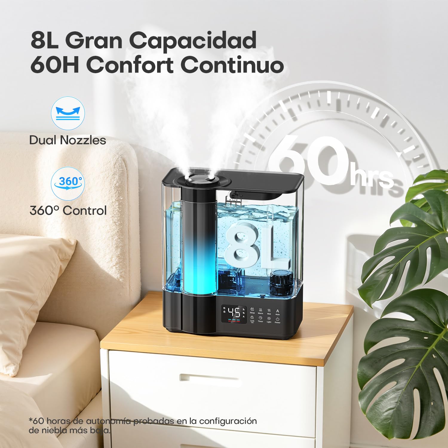 AROEVE Humidificador de Aire 8L, Ultrasónico Frío y Caliente, Sensor Humedad, 60H Silencioso