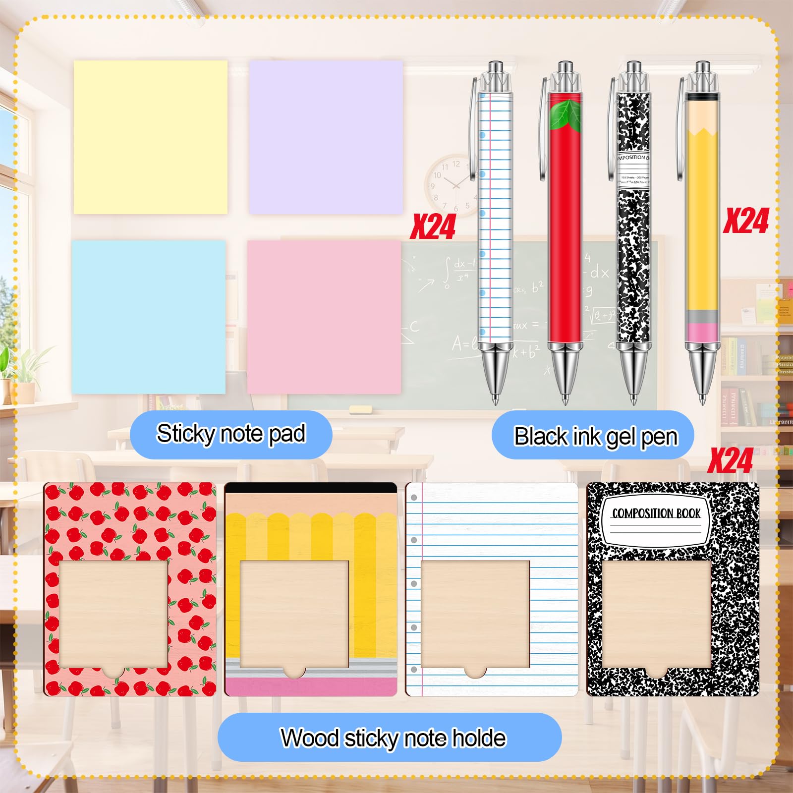 Eaasty 24 Set Back to School Stationery Gift, Black Gel Pen and Sticky Note Pad, Wooden Sticky Note Holder and Opp Bag, Teacher Appreciation Gift Bulk, School Supply and Office Accessory