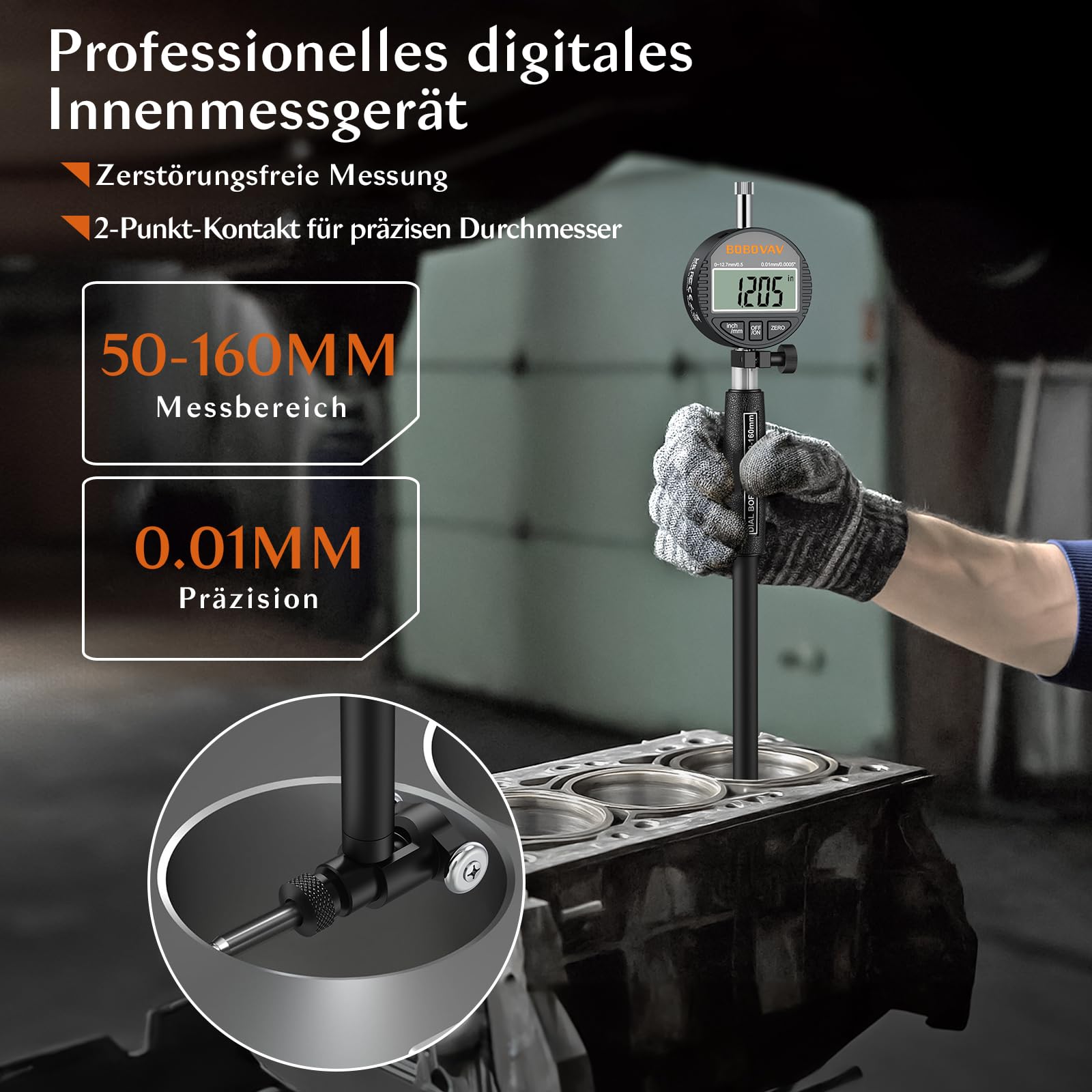 Digital Bohrungslehre Messuhr Set 50-160 mm, Innendurchmesser Messuhr Präzision 0,01 mm Zylinder Messuhr Metrisch/Zoll Anzeige mit 12 Messspitzen für Formabweichungen
