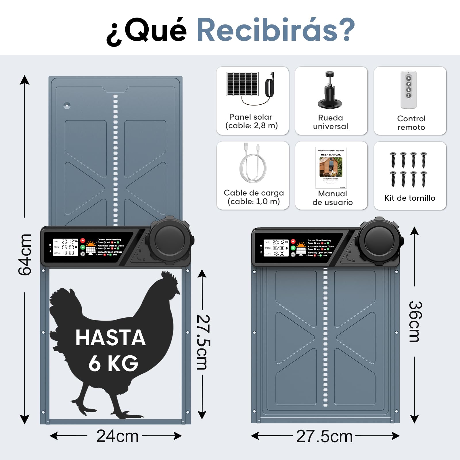 CHAMUTY Puerta automática para gallinero solar con temporizador, panel solar 7W, LCD, mando a distancia