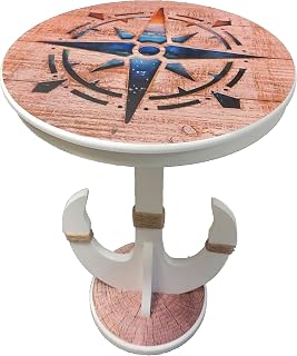 DRH - Nautical Compass Rose Accent Table Solid Wood with Sturdy Anchor Legs Coffee & End for Beach House and Boats Coastal Decor Sailors Round 20'' X 24'', White (TB-920)