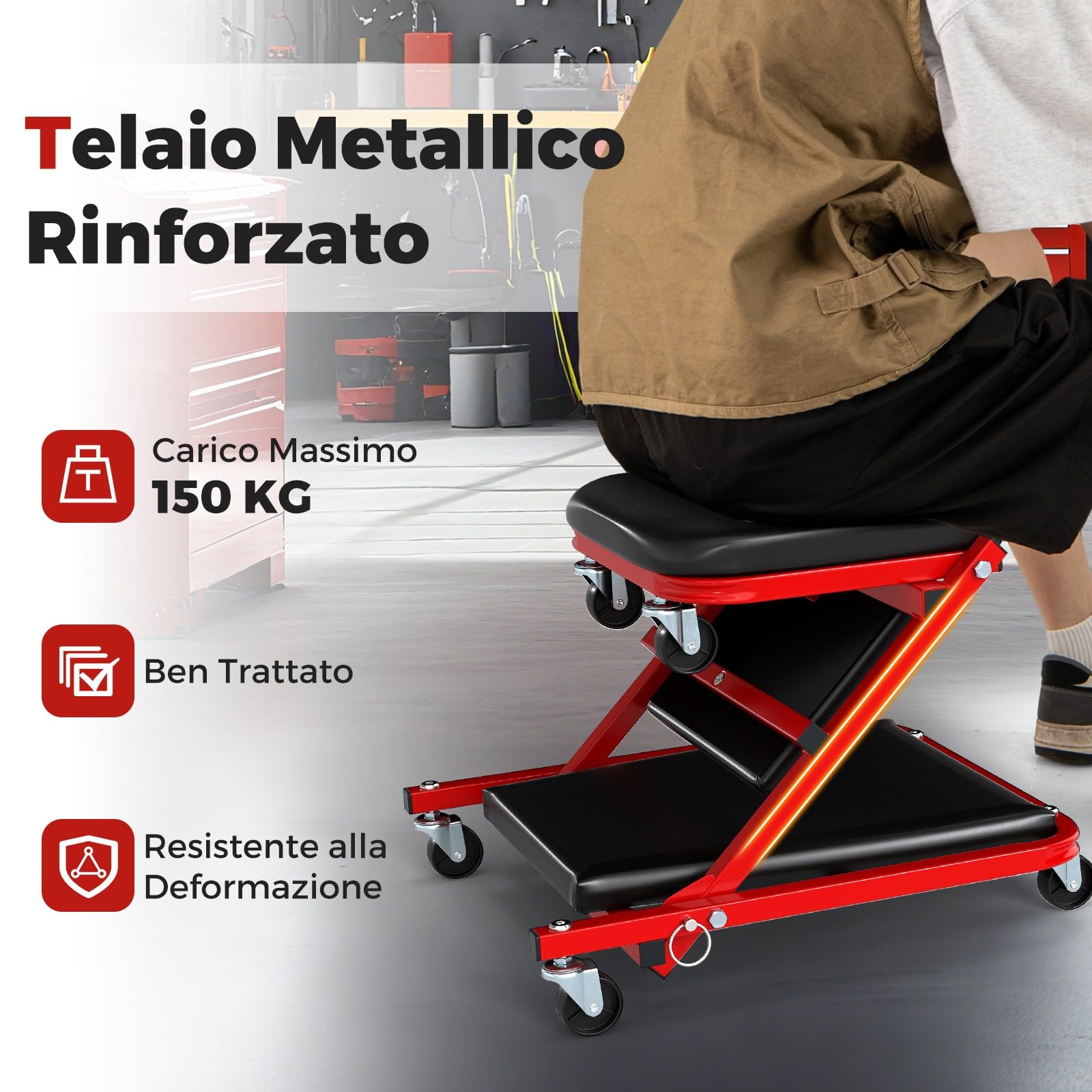 COSTWAY 2 in 1 Sgabello da Officina a Forma di Z, Carrello Meccanico sotto Auto con Sedile Imbottito e Ruote Girevoli a 360°, Portata 150 kg, per Garage e Officina (Nero)