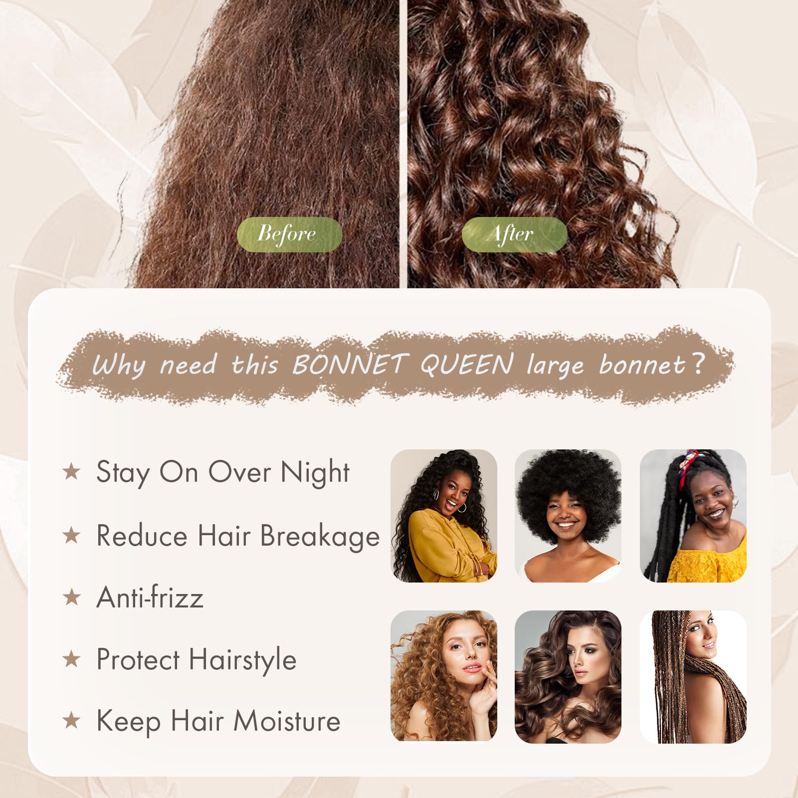 BONNET QUEEN Cuffia Seta Capelli Notte Regolabili Cuffia Capelli Ricci Bonnet con Lacci Lunghi Morbida e Protettiva Anti-Crespo, Champagne