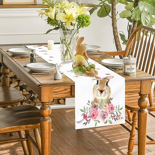 Miniatura 10 de Jbralid Camino de mesa de lino de conejo a cuadros de Pascua con orejas de conejo flores de primavera vacaciones para decoración del hogar cocina