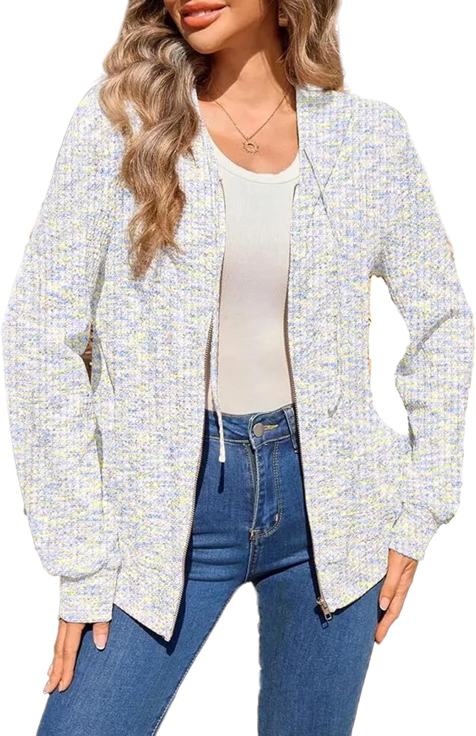 SHEWIN 2025 Fall Hoodies Waffle Knit Zip Up Sweatshirt Comfy Loose Fit Shakcet