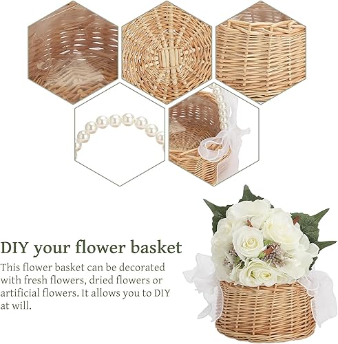 Miniatura 5 de CYYZB Cesta de mimbre para niña de flores, cesta de flores con mango de perla, cesta de pétalos de boda, cestas de flores con lazo para decoración