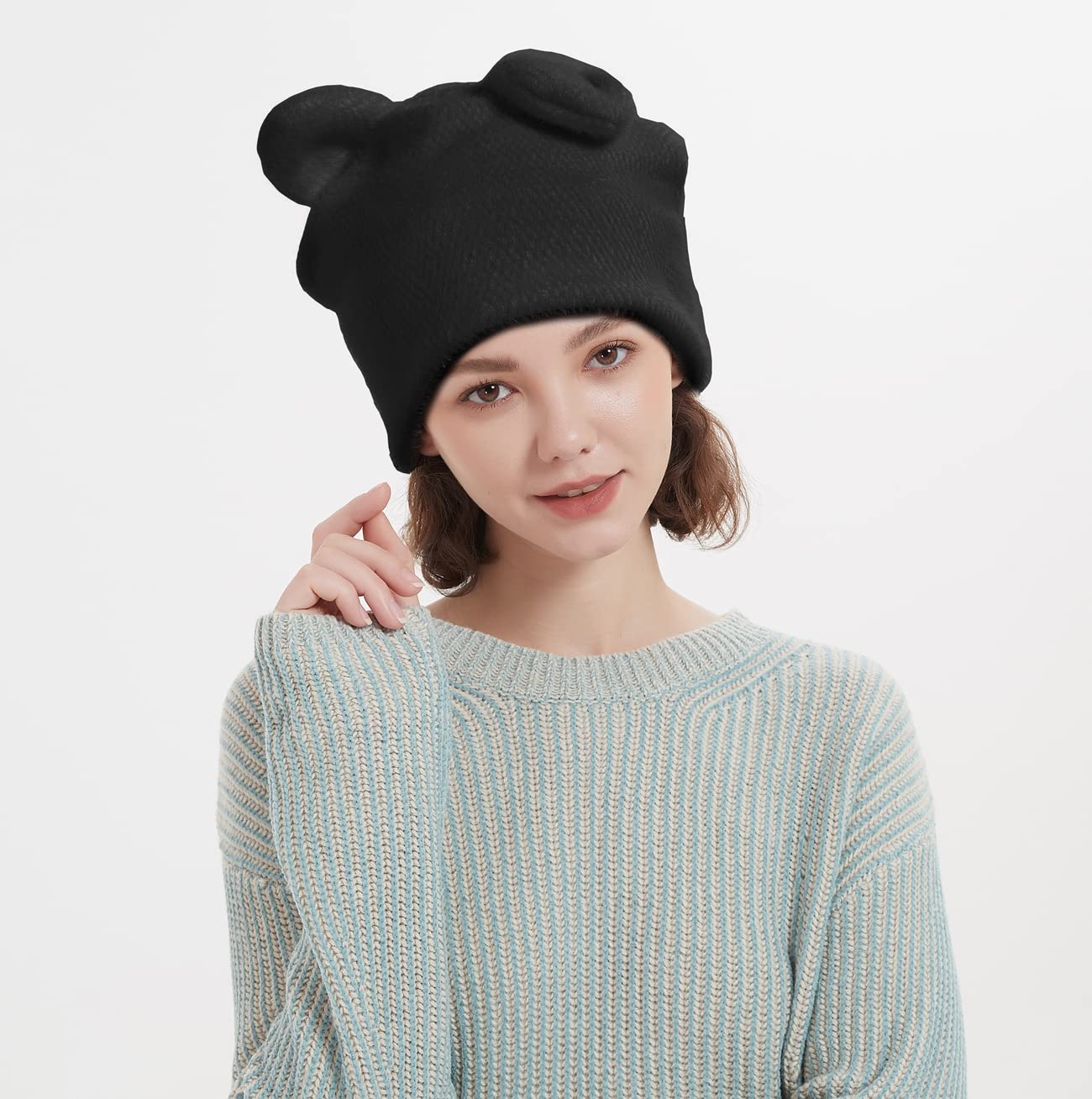 3D Rabbit Ears Beanie Hats Bunny Crochet Cap Cute Plush Winter Hat for Women Girls (Black)