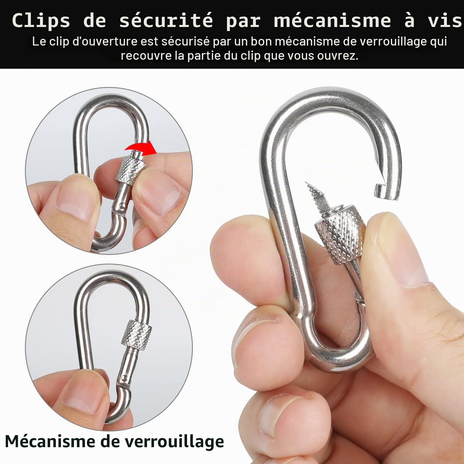 Lot de 4 Mousquetons M6 Acier Inoxydable 135 kg, Mousqueton à Vis pour Camping Clés Extérieur