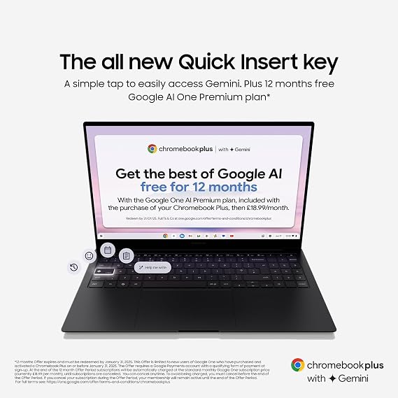 Samsung Galaxy Chromebook Plus Gemini AI Laptop, i3 Processor, Built in Gemini Quick Insert Key, 8GB Memory RAM 256GB Storage, Neptune Blue
