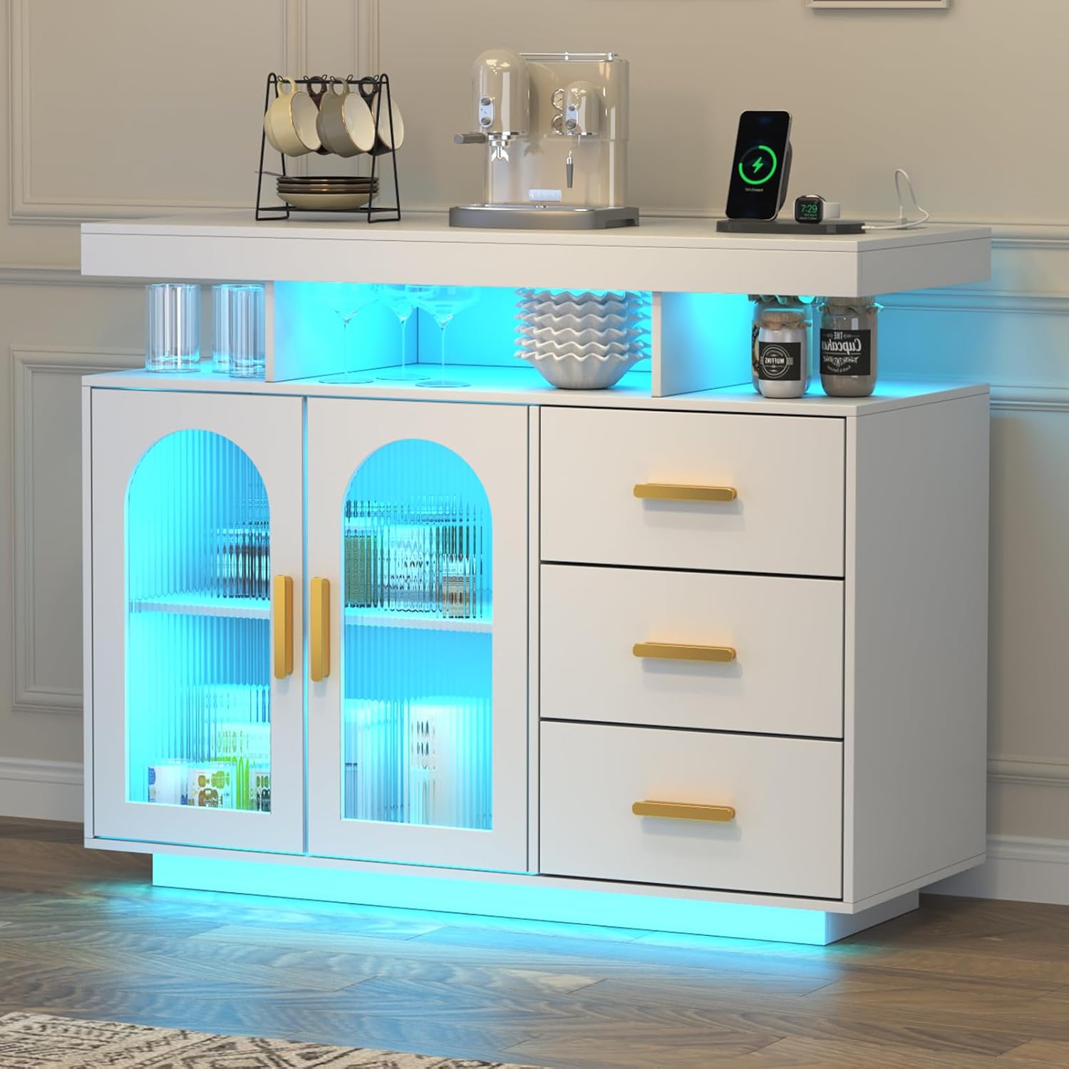 LED Sideboard Buffet Cabinet with Charging Station, Wine Cabinets with Auto RGB Lighted, Modern Coffee Bar with 3 Drawers for Living Room, Dining Room, Kitchen (White)
