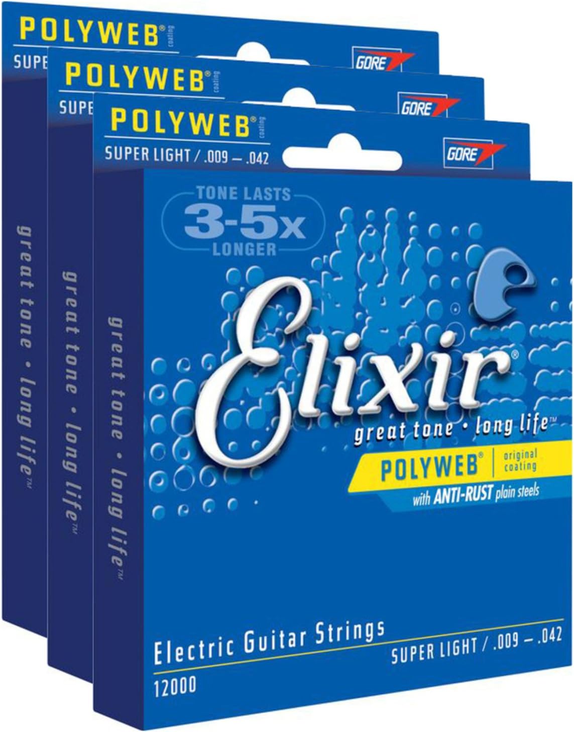 3 Sets of Elixir 12000 Super Light Electric Strings (9-42) (Polyweb)