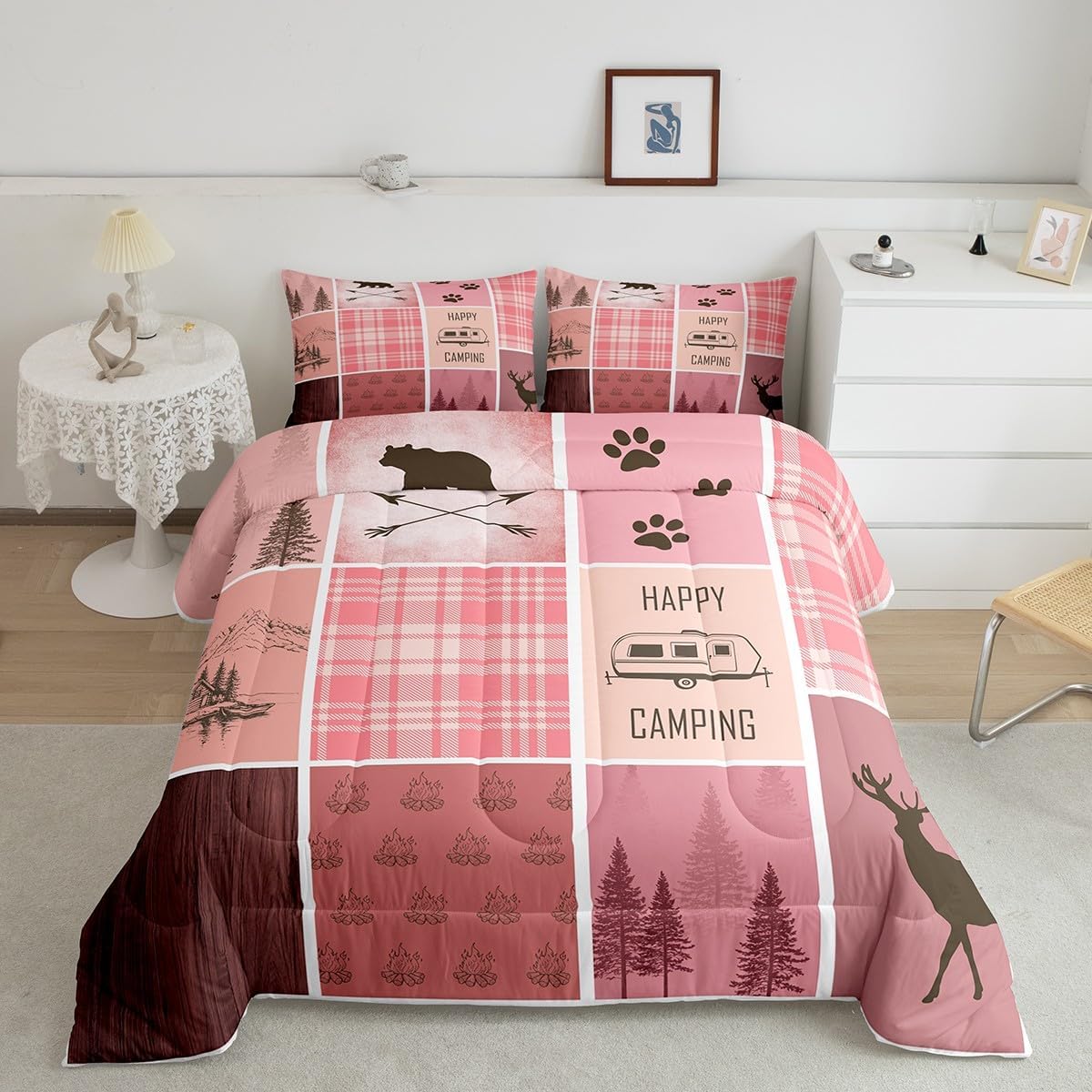 jejeloiu Camper Bedding Set Twin Size Kids Happy Camping Comforter Cover for Boys Girls Teens Vintage Pink Duvet Cover Breathable Soft Lightweight Microfiber Quilt Set