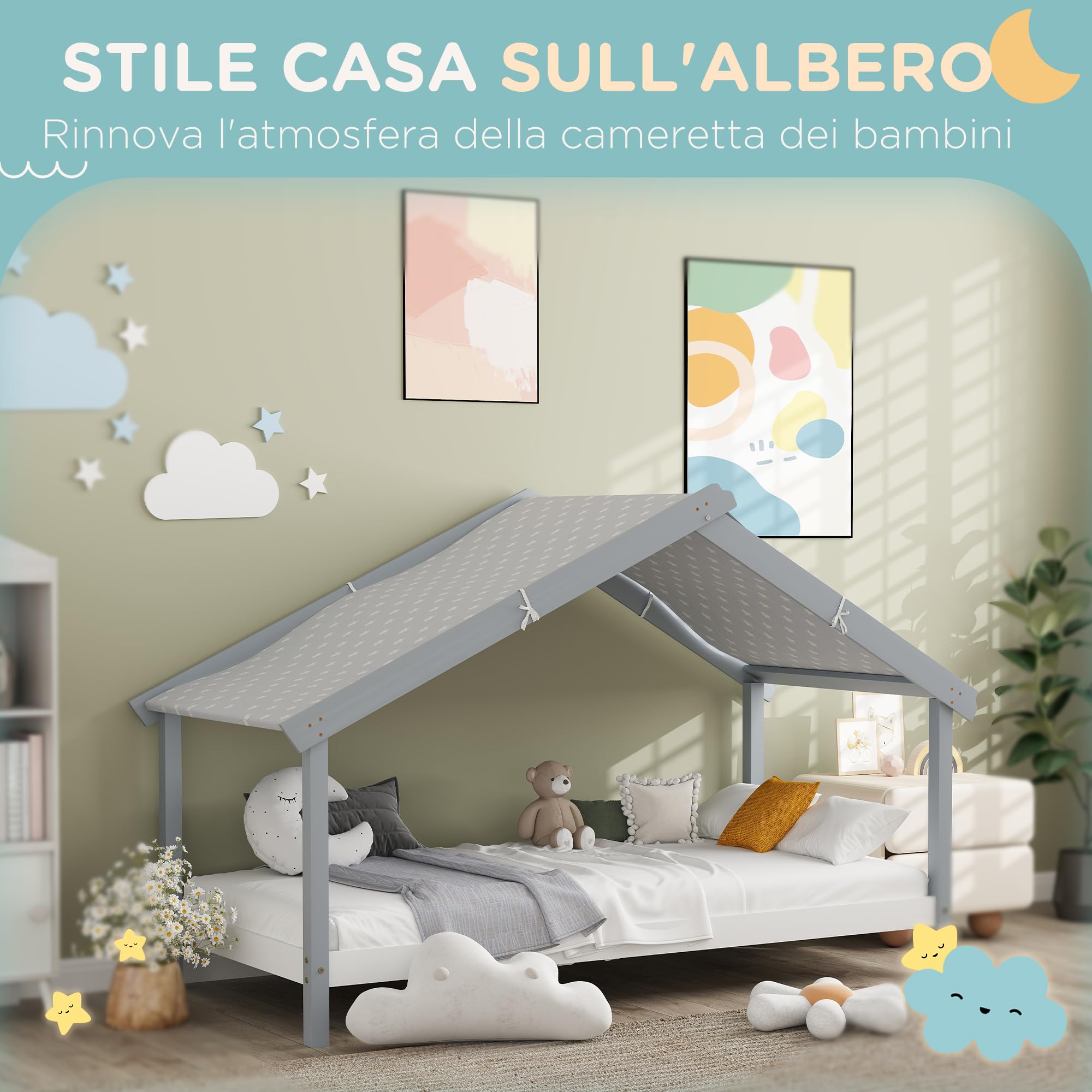 HOMCOM Letto Montessori per bambini a Casetta con Tetto Stellato, Letto per Bambini 90x190 cm per Cameretta con Struttura in Legno di Pino, 15 Doghe e Barriere di Protezione, Grigio