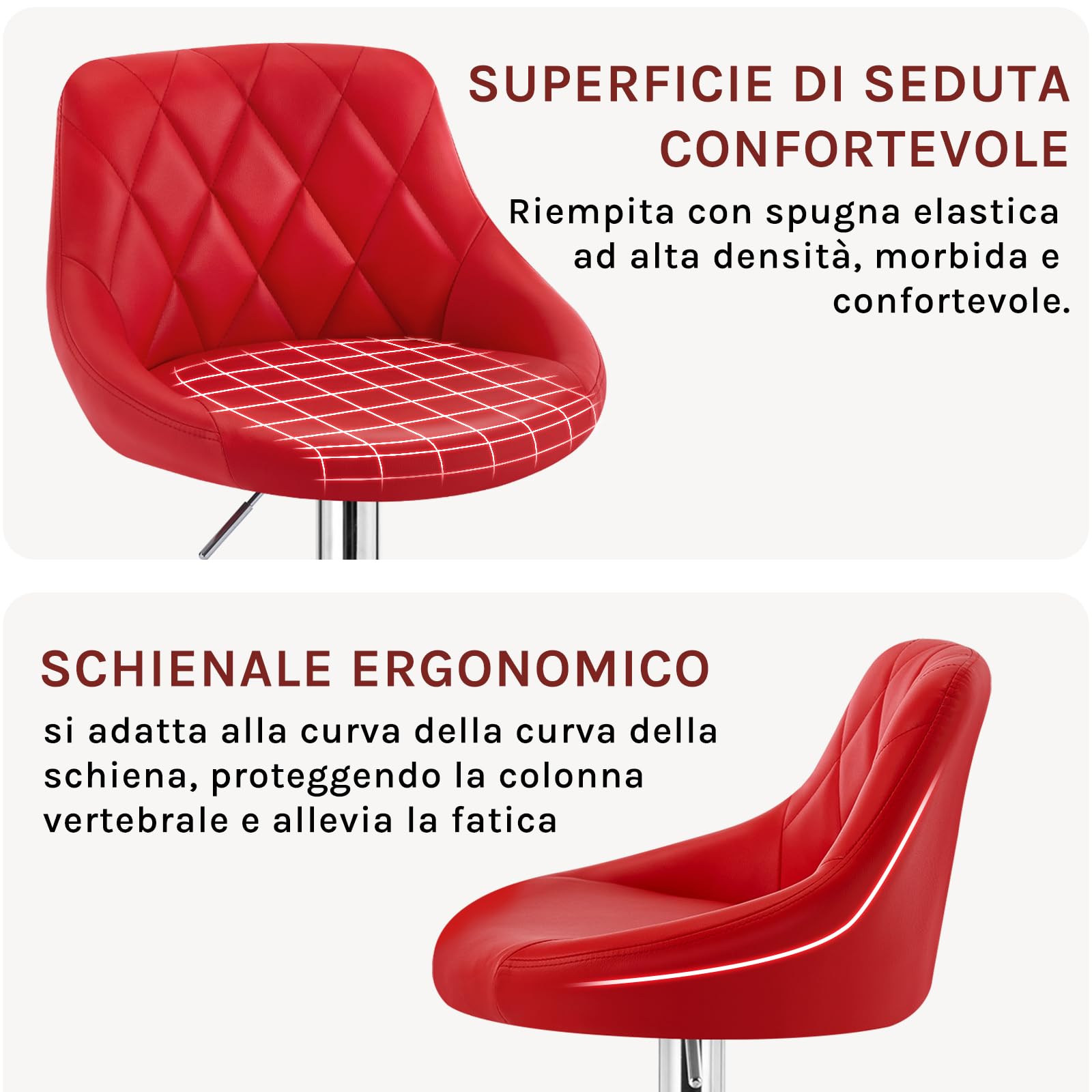 WOLTU Sgabello da Bar Moderno Girevole Sedia Cucina Alta con Schienale Quadrato Poggiapiedi Senza Braccioli Altezza Regolabile in PU Rosso 1 Pezzo