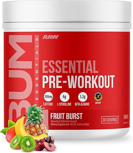 RAW Essential - Polvo preentrenamiento (estallido de frutas) - Suplemento deportivo de Chris Bumstead para hombres y mujeres - Polvo energético