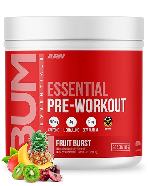 RAW Essential Pre-Workout Powder (Fruit Burst) - Chris Bumstead Sports Nutrition Supplement for Men & Women - Preworkout Energy Powder with Caffeine, L-Citrulline, L-Tyrosine, & Beta Alanine Blend