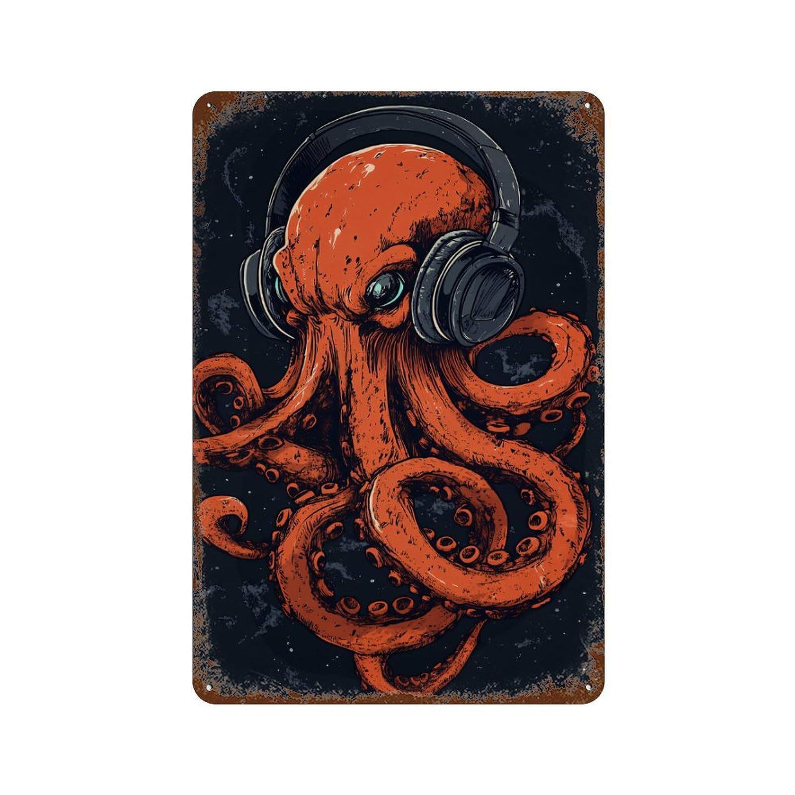 Octopus with Headphones 11.8"x7.9" Vintage Metal Tin Sign, Novelty Wall Decor for Basement, Hobby Room And Garage Decor