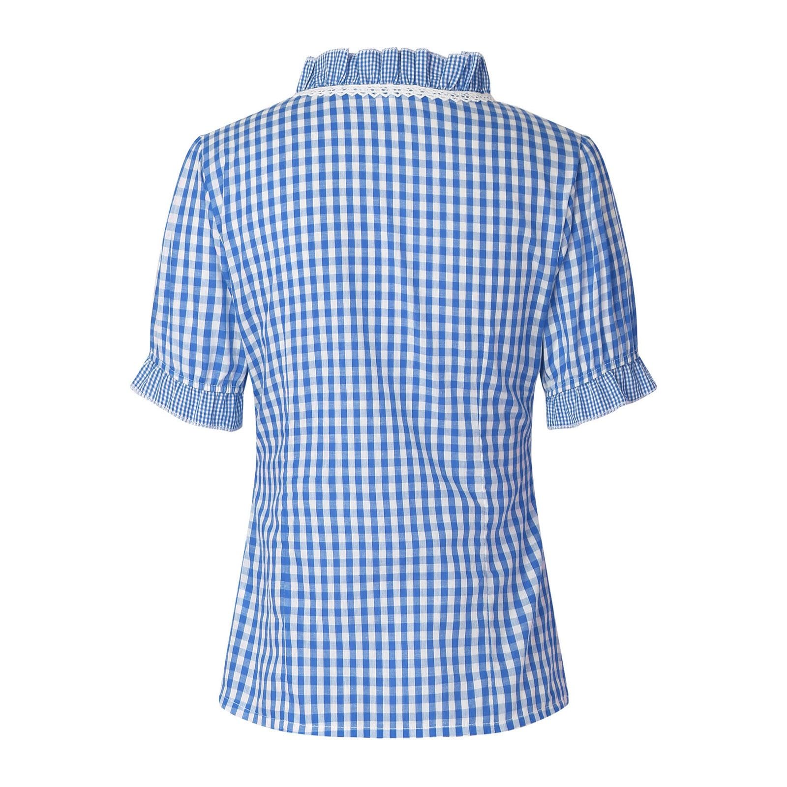 Generisch 2026 Damen Oktoberfest Trachtenbluse Rot Weiß Kariert Volksfest Karneval Karo Knöpfe Top für Zeltfest Mode