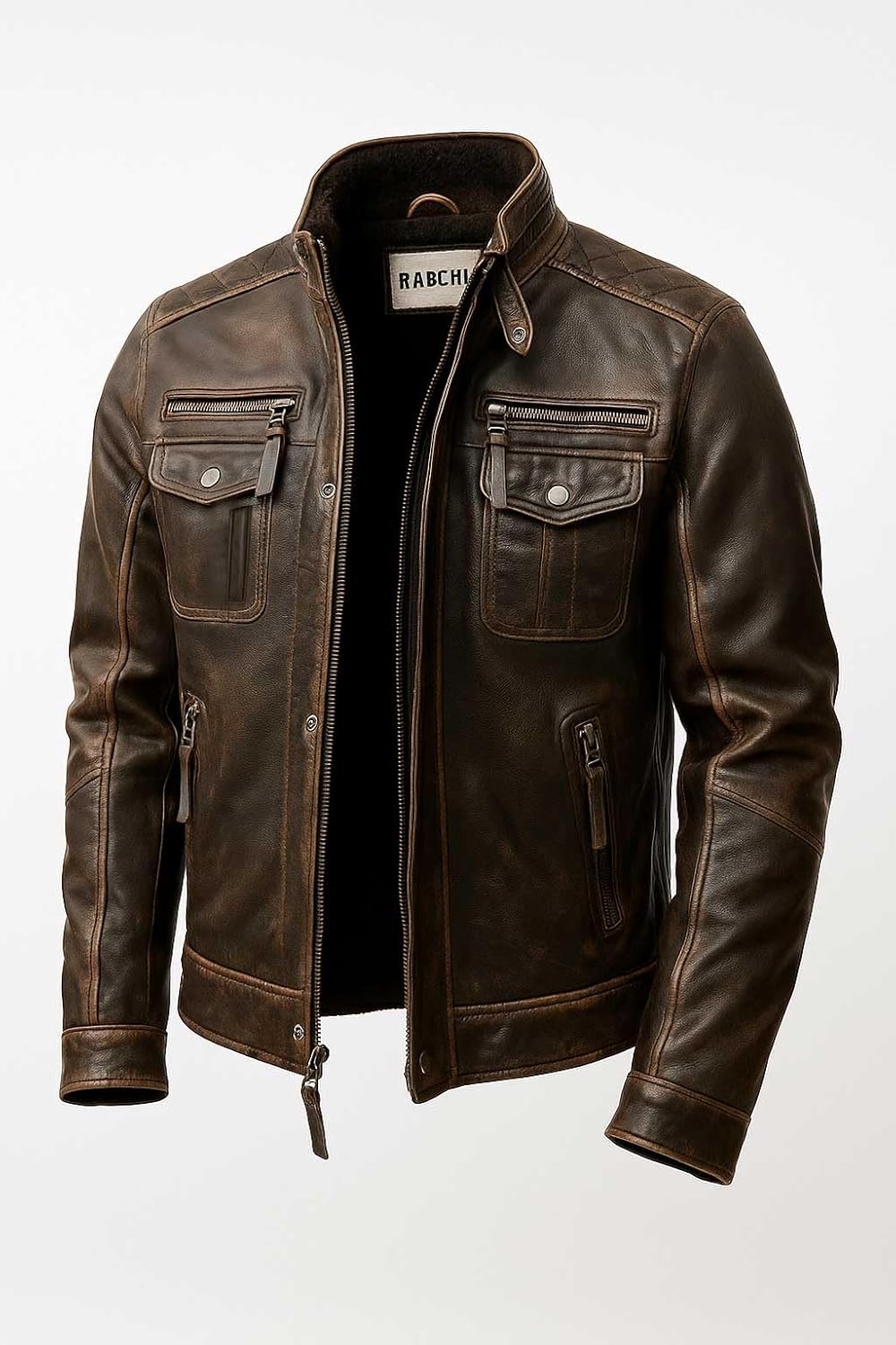 RABCHI Men’s Distressed Leather Biker Jacket – Removable Double Collar, Premium Lambskin with Quilted Viscose Lining - Image 3