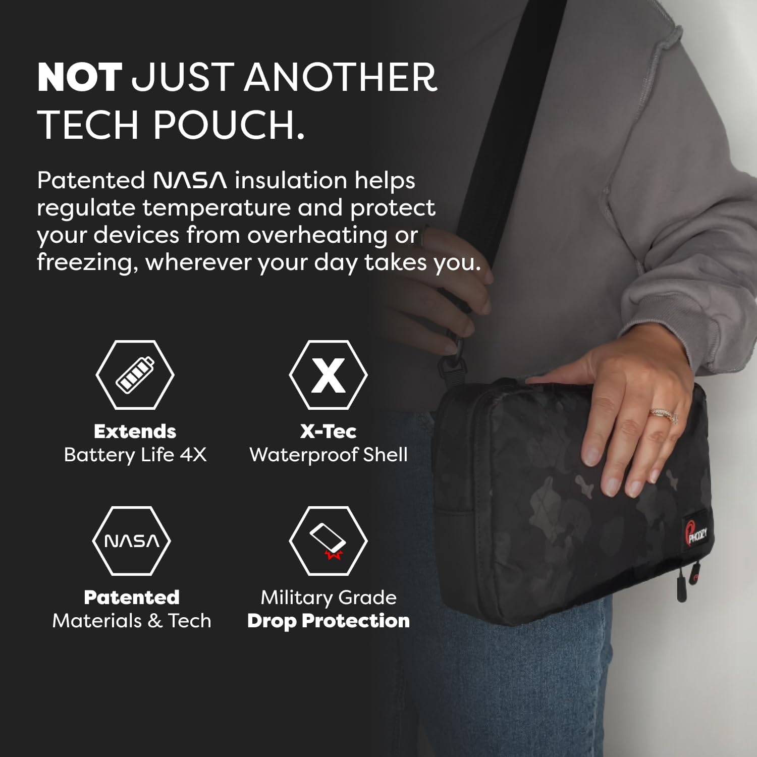 PHOOZY Tech Pouch and Cable Organizer Bag for Travel - NASA Inspired Thermal Protection with Dual Compartment Design - Weatherproof Electronics Organizer (BLACK CAMO)