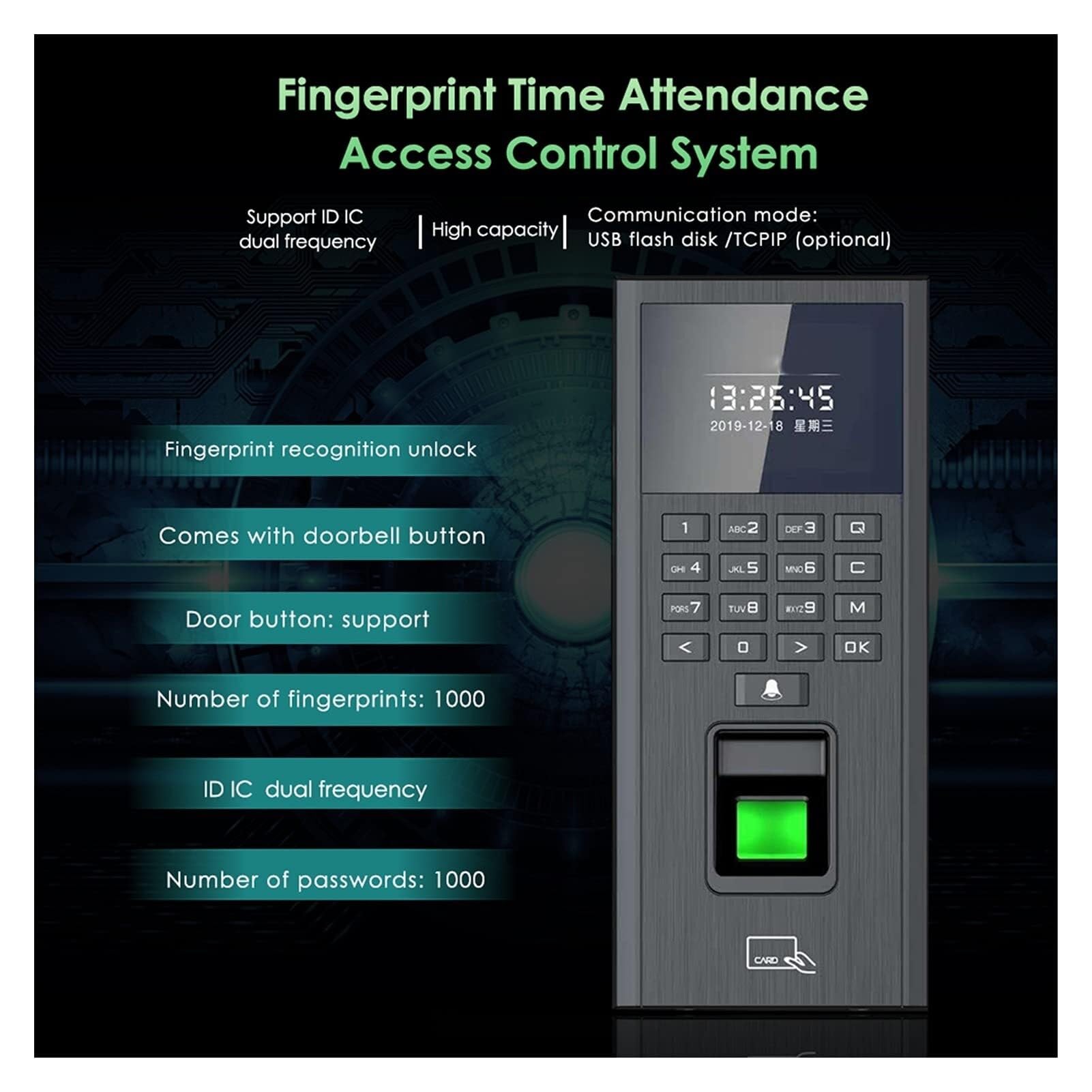 Fingerabdruck-Tastatursystem mit RFID-Zutrittskontrolle, 125 kHz/13,56 MHz, USB-Zeiterfassungsgerät, TCP/IP-Zeiterfassungsgerät
