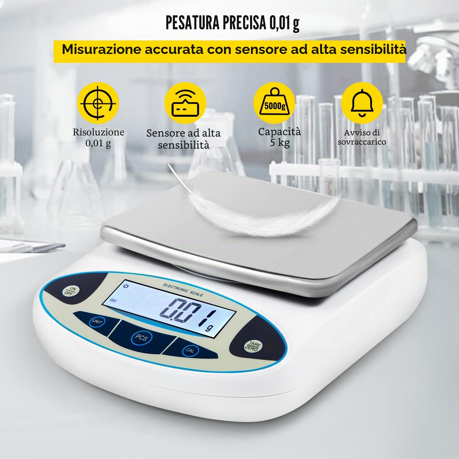 VEVOR Bilancia Analitica Digitale per Laboratorio Max Capacità 5000g, Bilancia Chimica Alta Precisione 0.01g, Tecnica applicata a Laboratori, Università, Aziende, Industrie, Gioiellieri, bianco